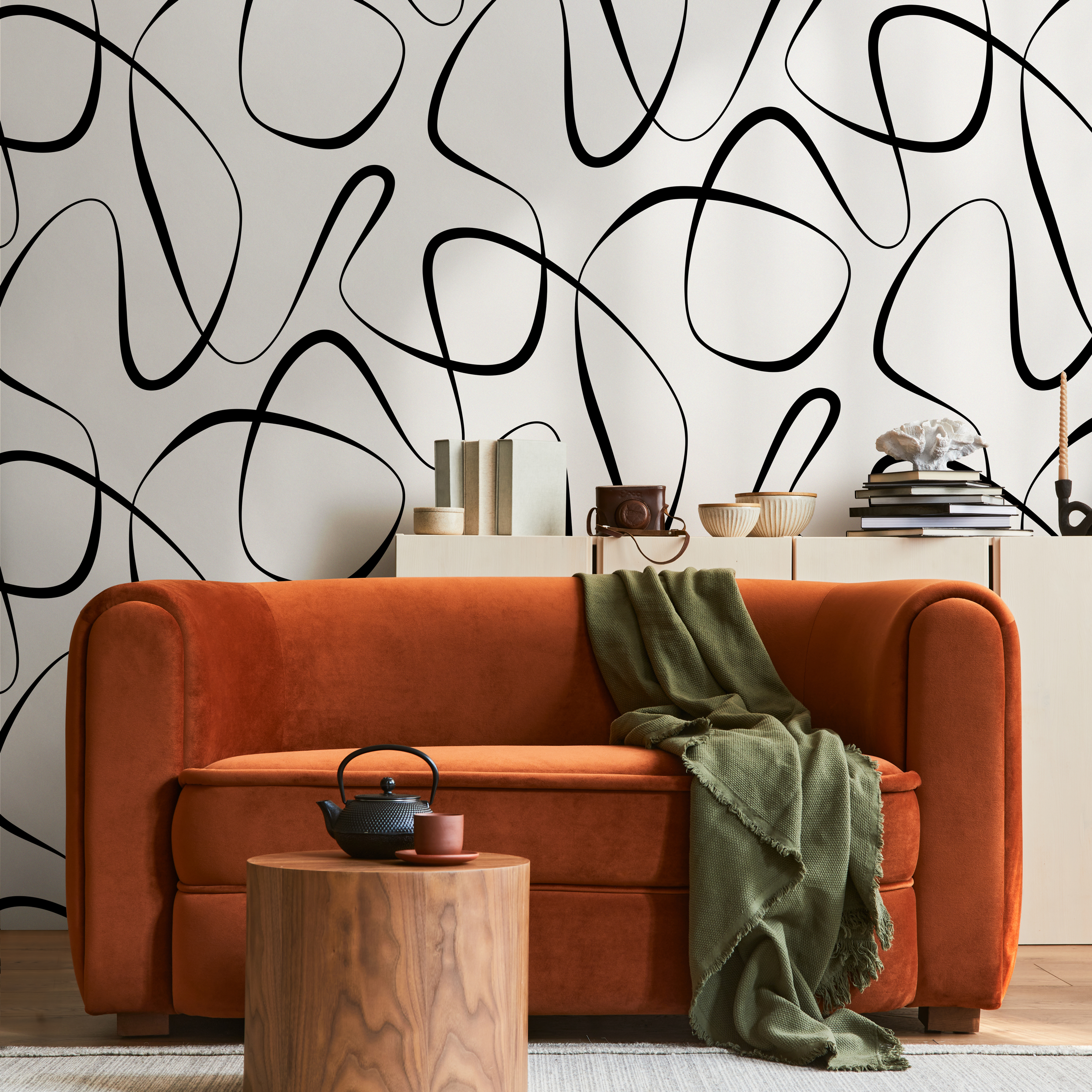 Abstract Wallpaper With Continuous Line Art In Black And White - B603