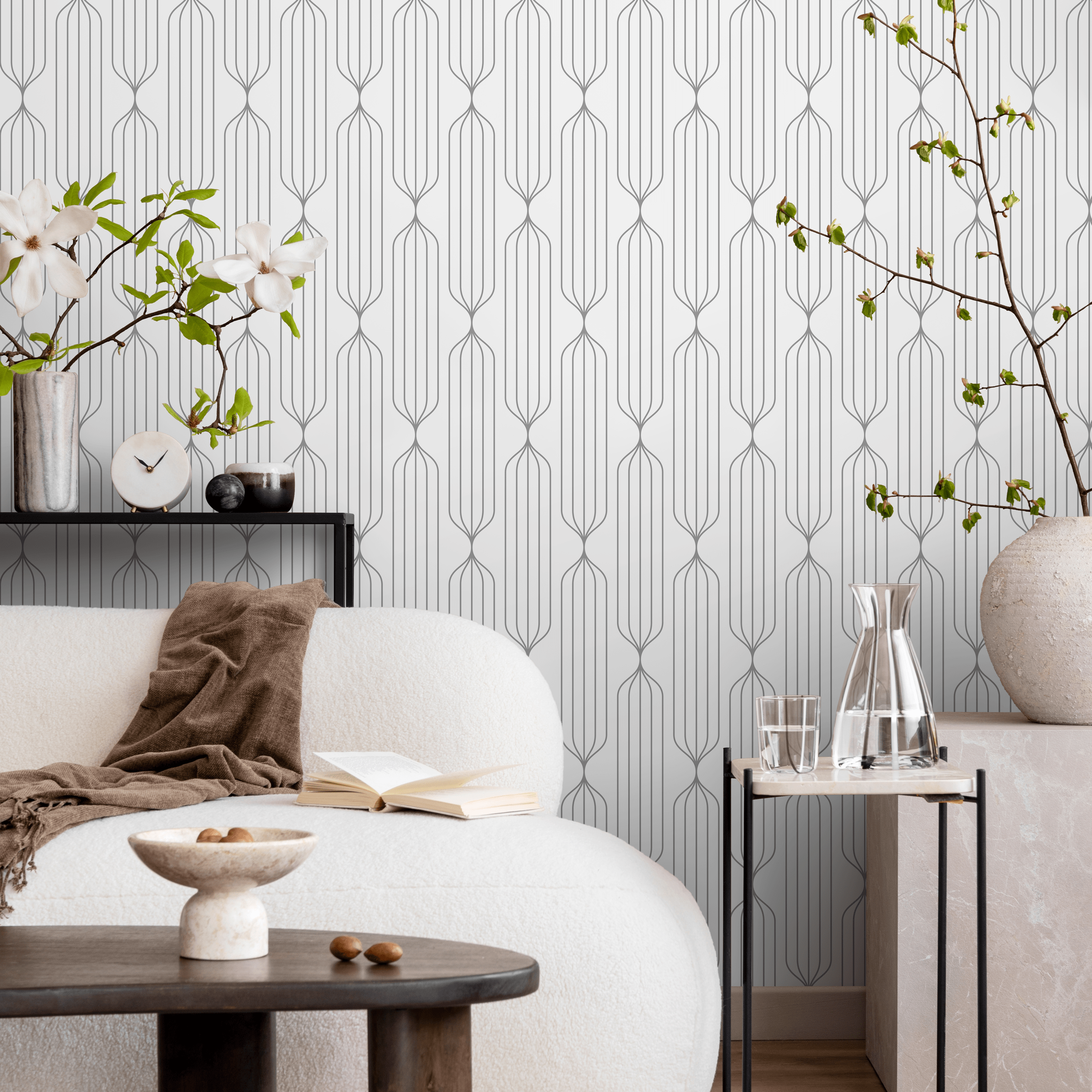 Art Deco Wallpaper With An Elegant Linear Motif In Gray - B604