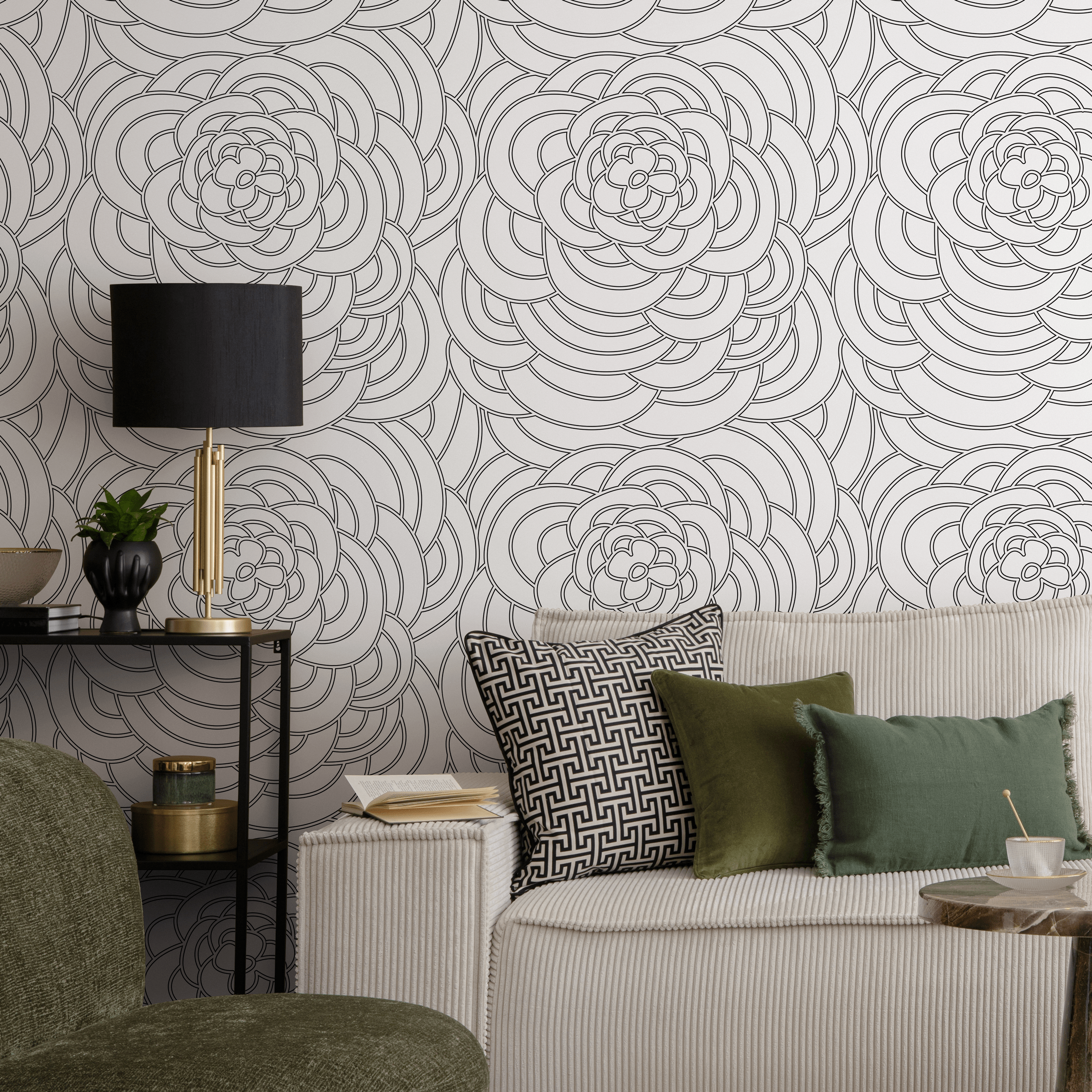 Geometric Wallpaper With Overlapping Arches In Green, Orange, And Beige - B609