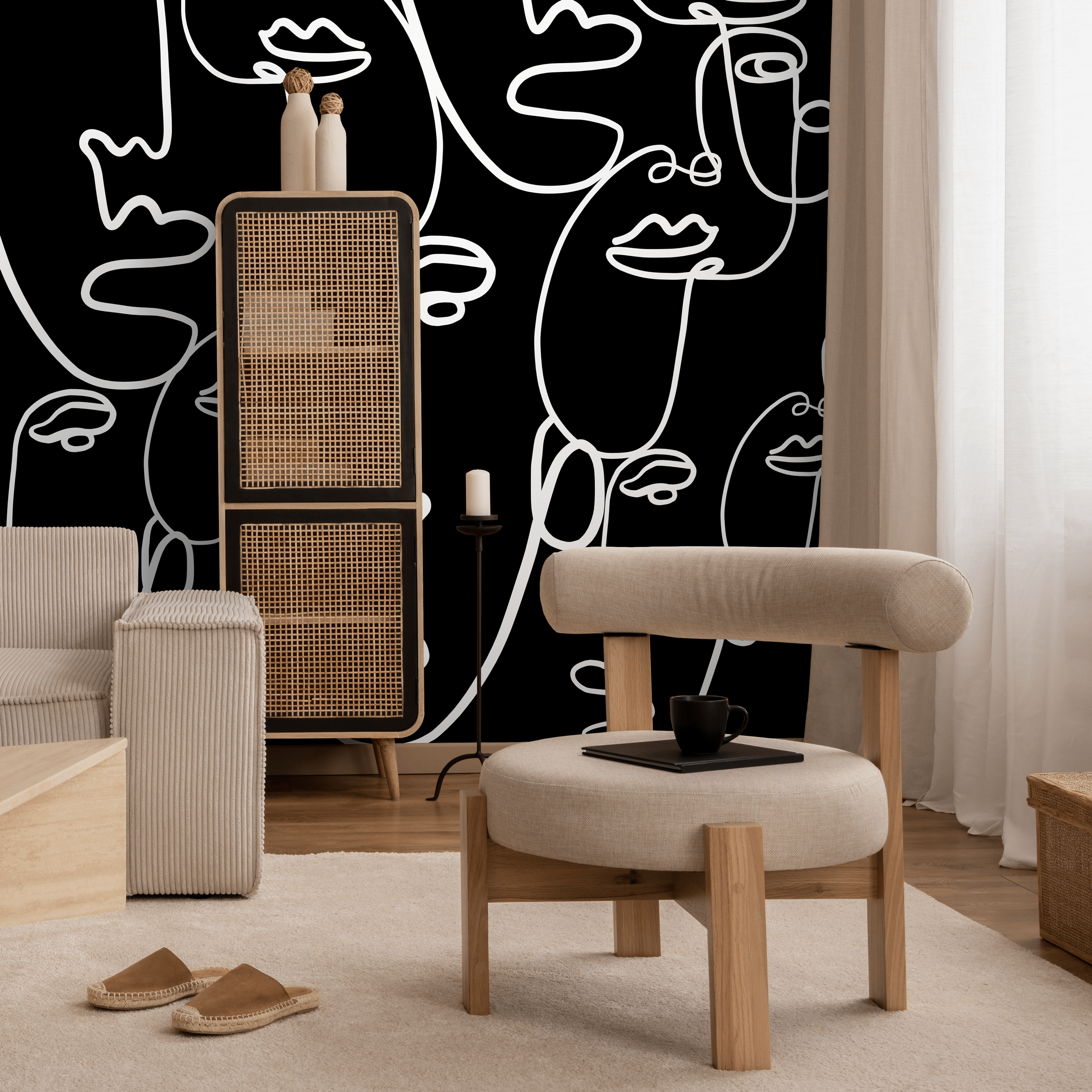 Line Art Wallpaper Featuring Abstract Faces In Black And White - B610