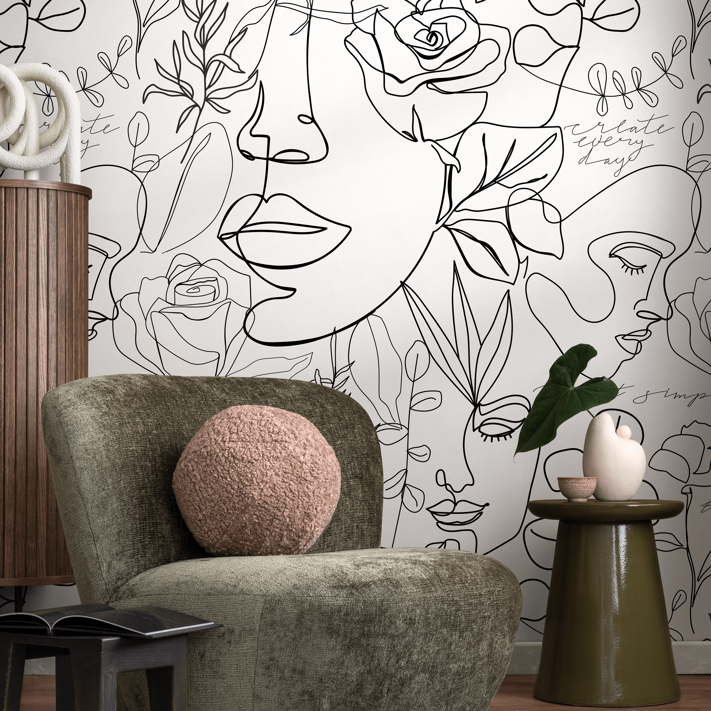 Abstract Wallpaper With Continuous Line Faces And Florals In Black - B611