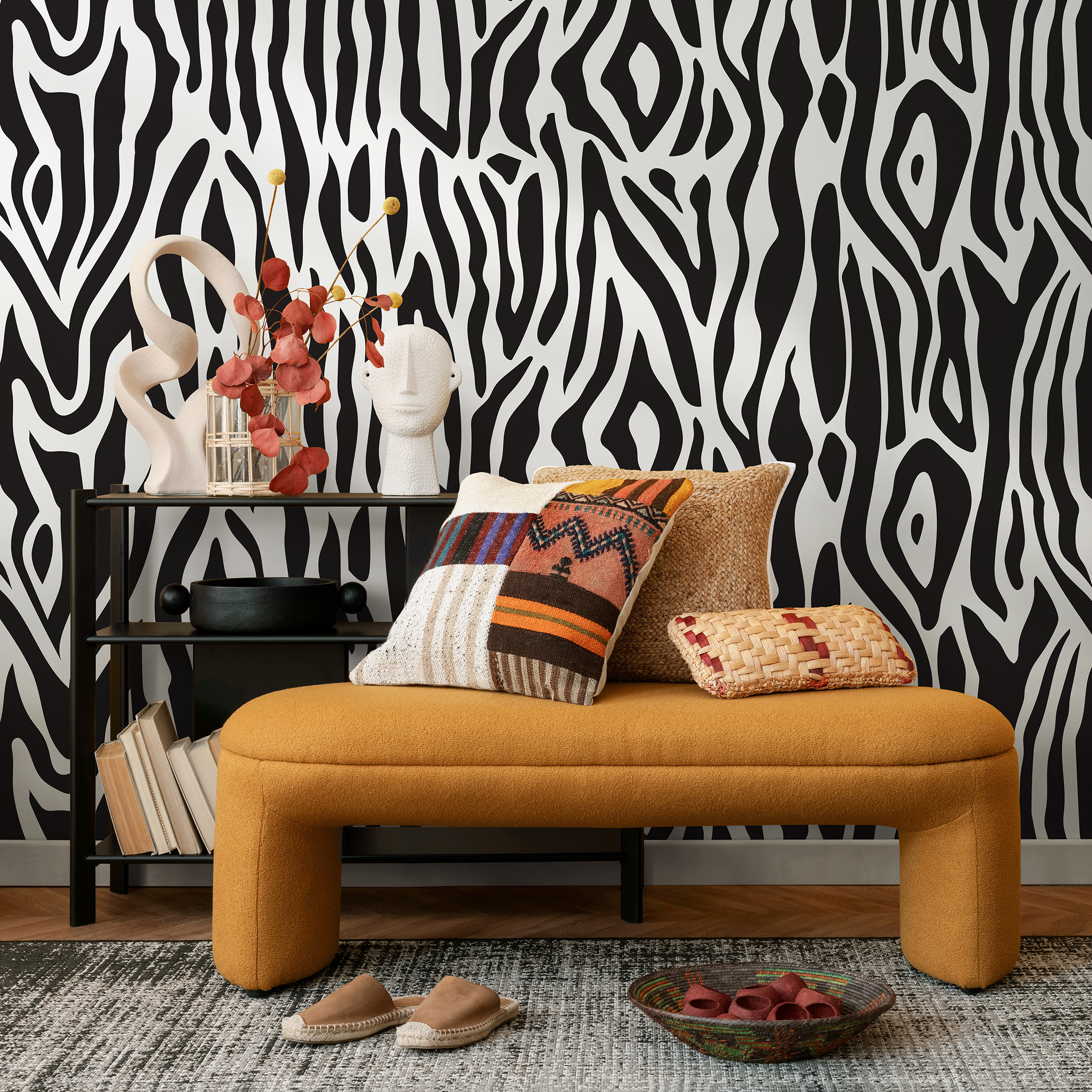 Animal Print Wallpaper With A Zebra Stripe Pattern In Black And Cream - B612