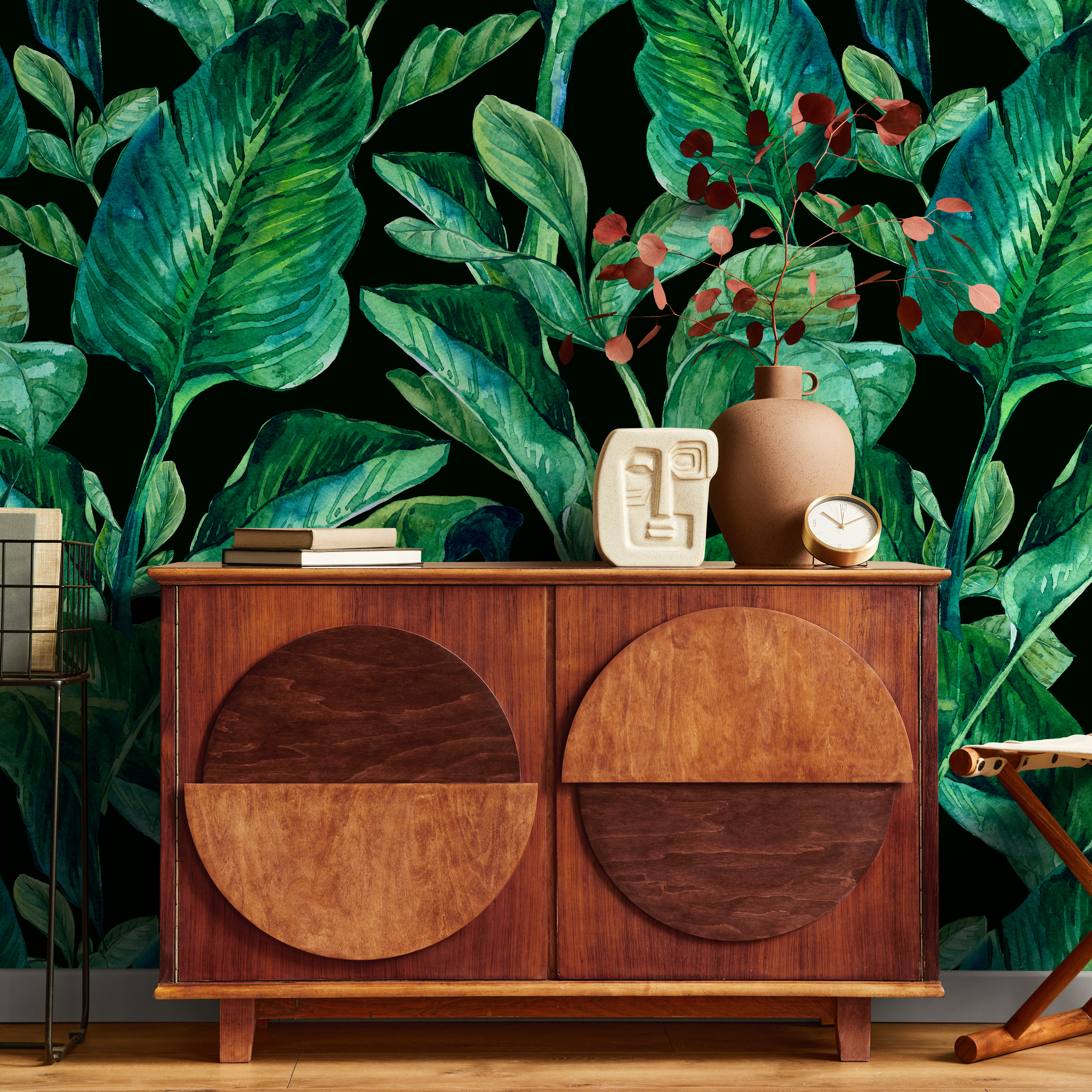 Botanical Wallpaper With Lush Watercolor Leaves In Green And Black - B613