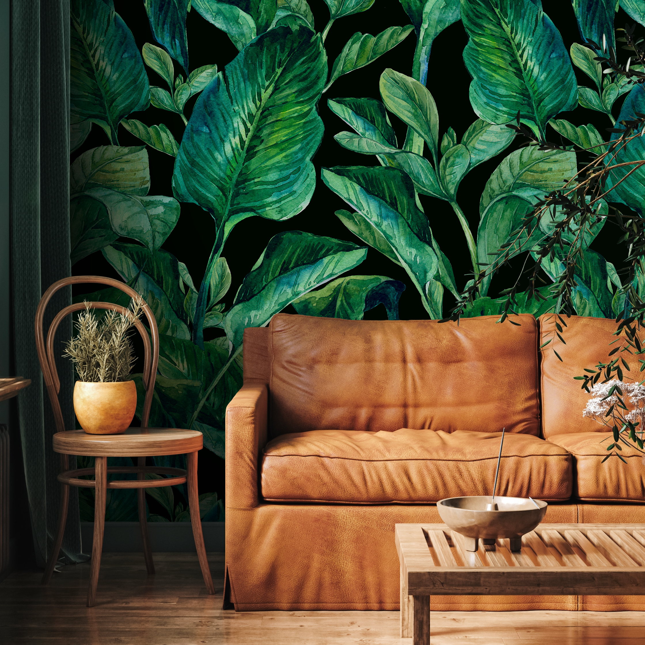 Botanical Wallpaper With Lush Watercolor Leaves In Green And Black - B613