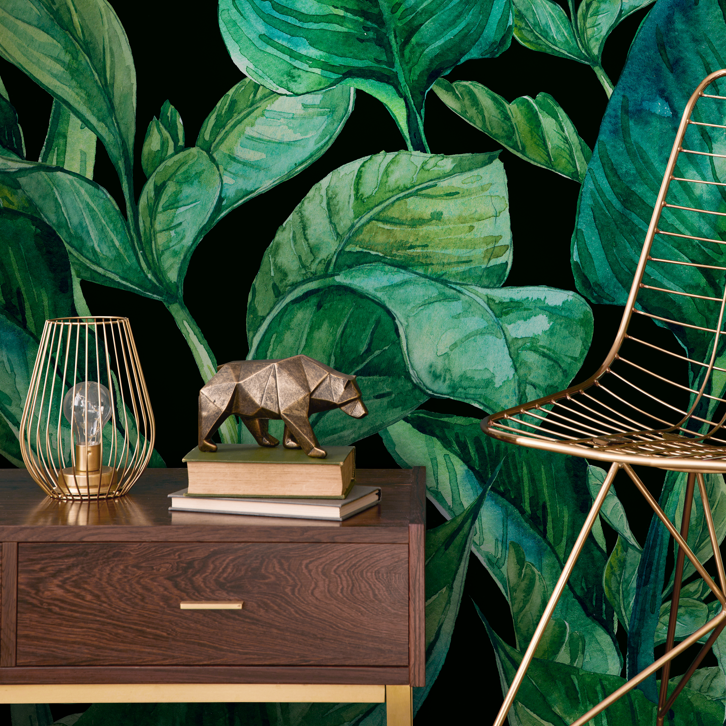 Botanical Wallpaper With Lush Watercolor Leaves In Green And Black - B613