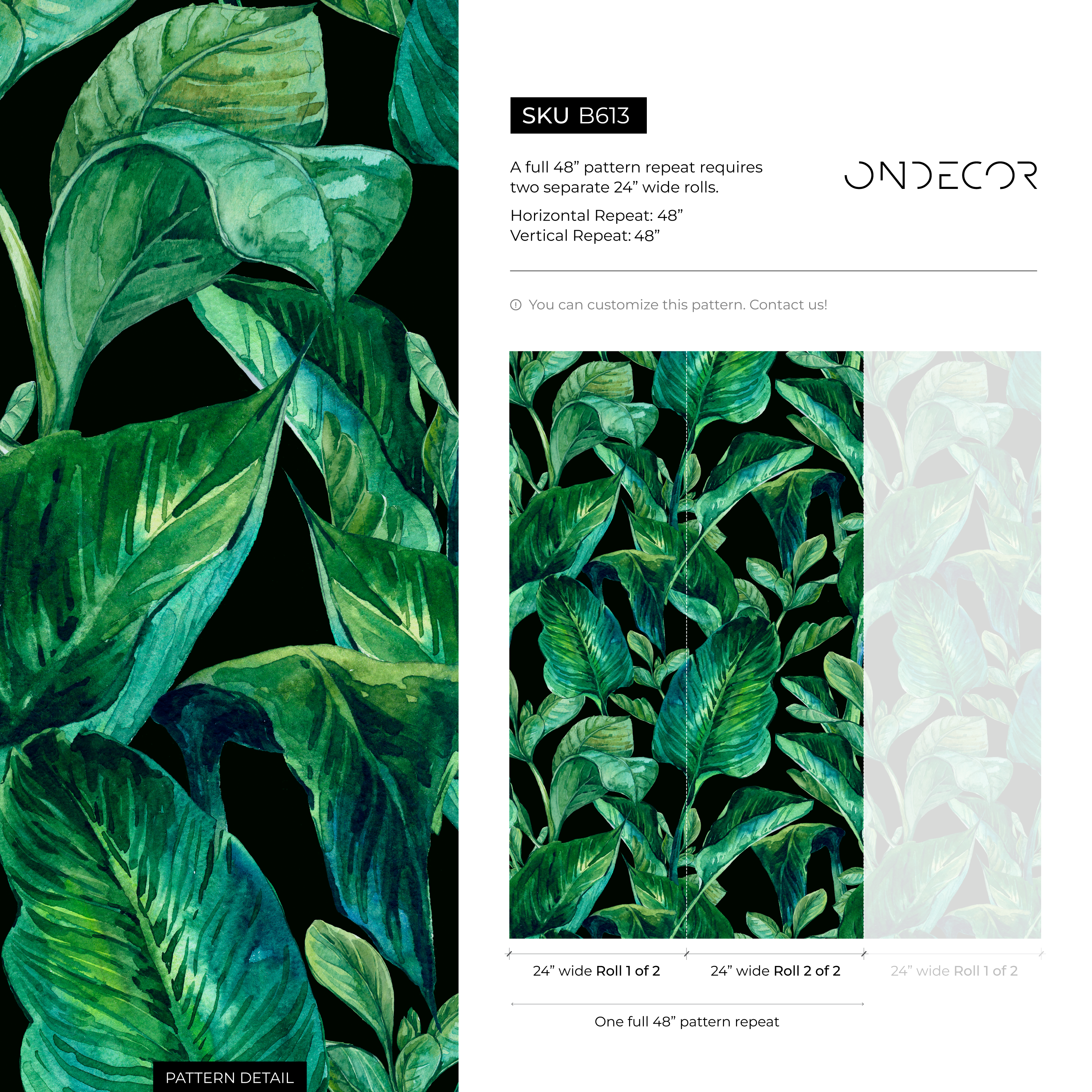 Botanical Wallpaper With Lush Watercolor Leaves In Green And Black - B613