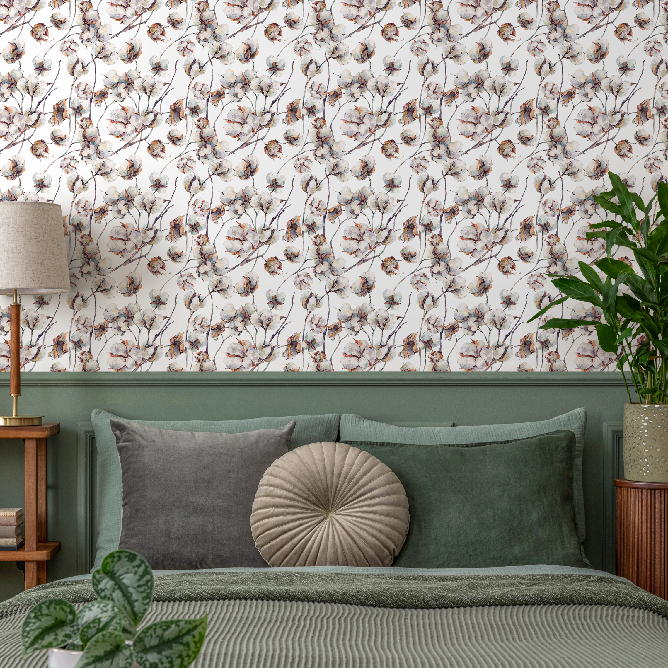 Botanical Wallpaper With A Watercolor Cotton Boll Motif In Brown And Gray - B614