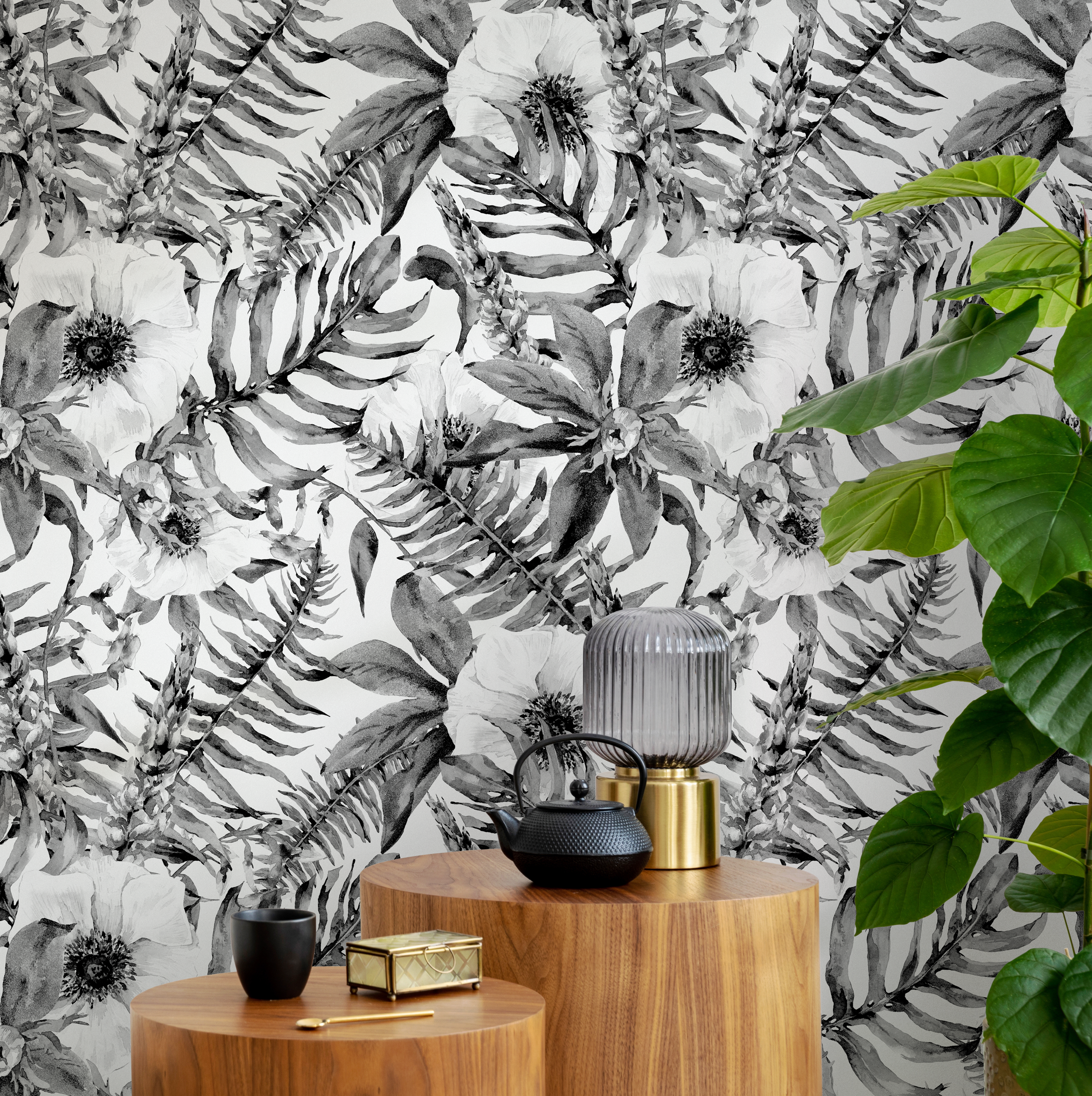 Floral Wallpaper With Watercolor Anemones And Ferns In Black And White - B617