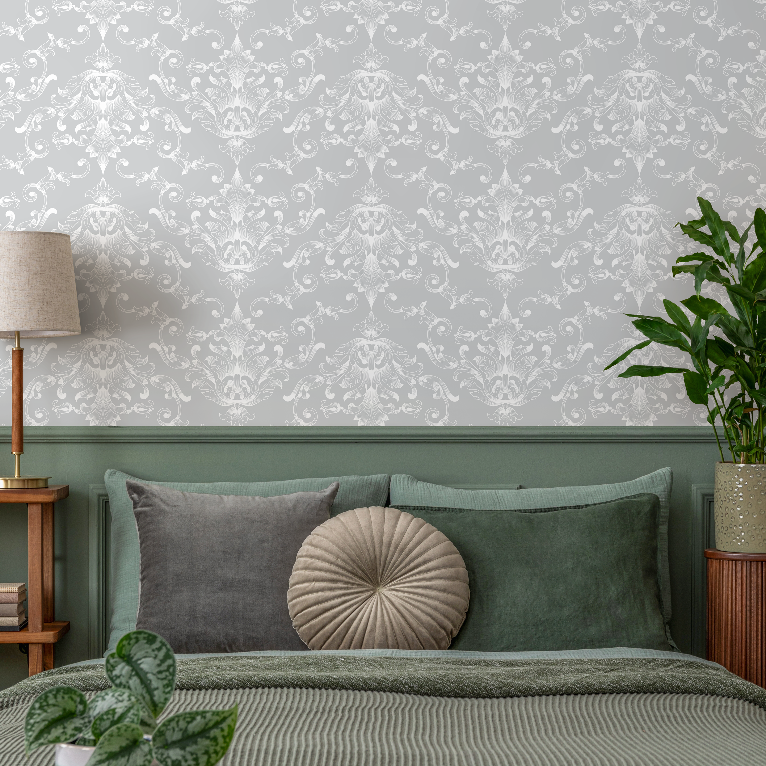 Damask Wallpaper With An Elegant Scroll Motif In Light Gray And White - B619