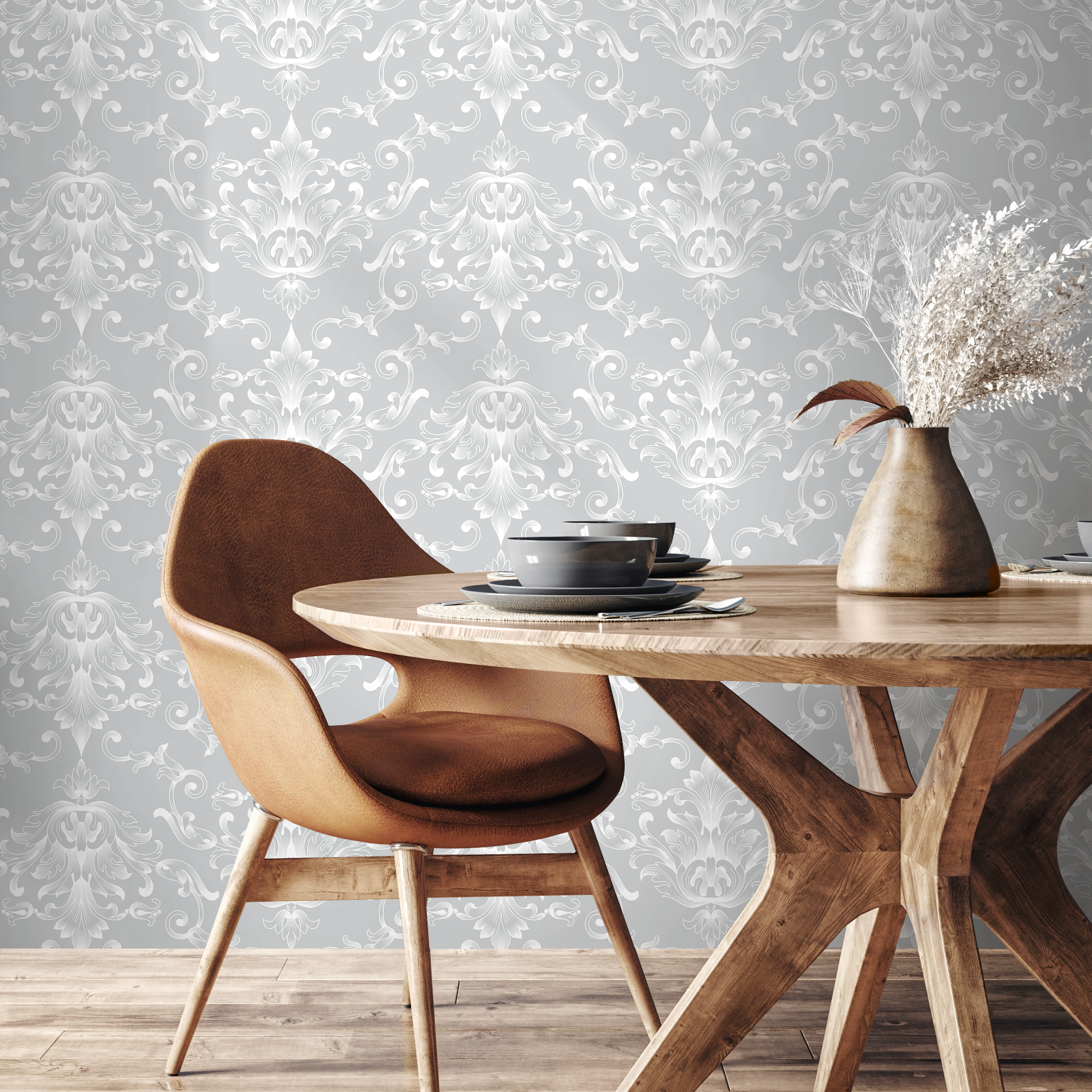 Damask Wallpaper With An Elegant Scroll Motif In Light Gray And White - B619