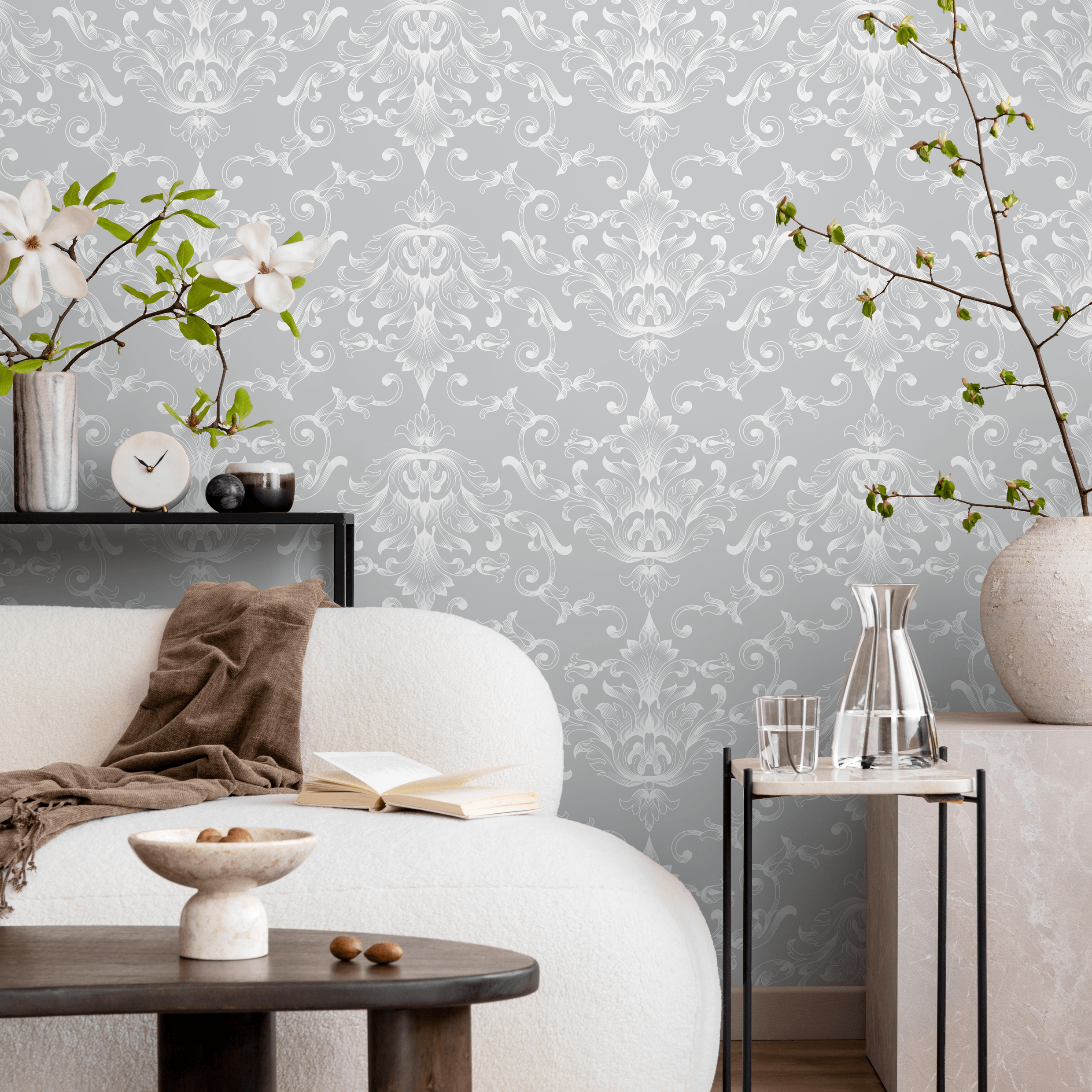 Damask Wallpaper With An Elegant Scroll Motif In Light Gray And White - B619
