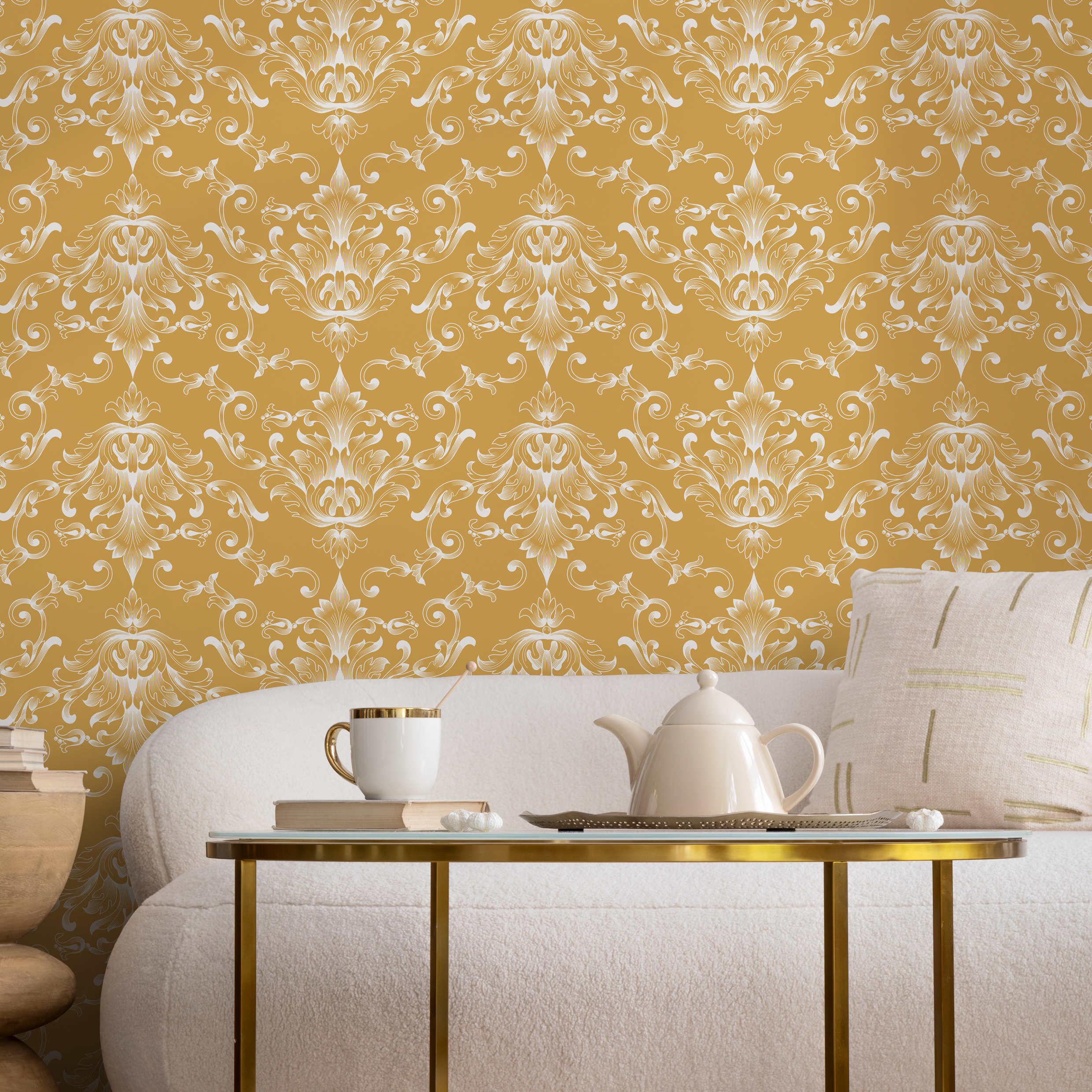Damask Wallpaper With Ornate Acanthus Scrolls In Mustard Yellow And White - B620