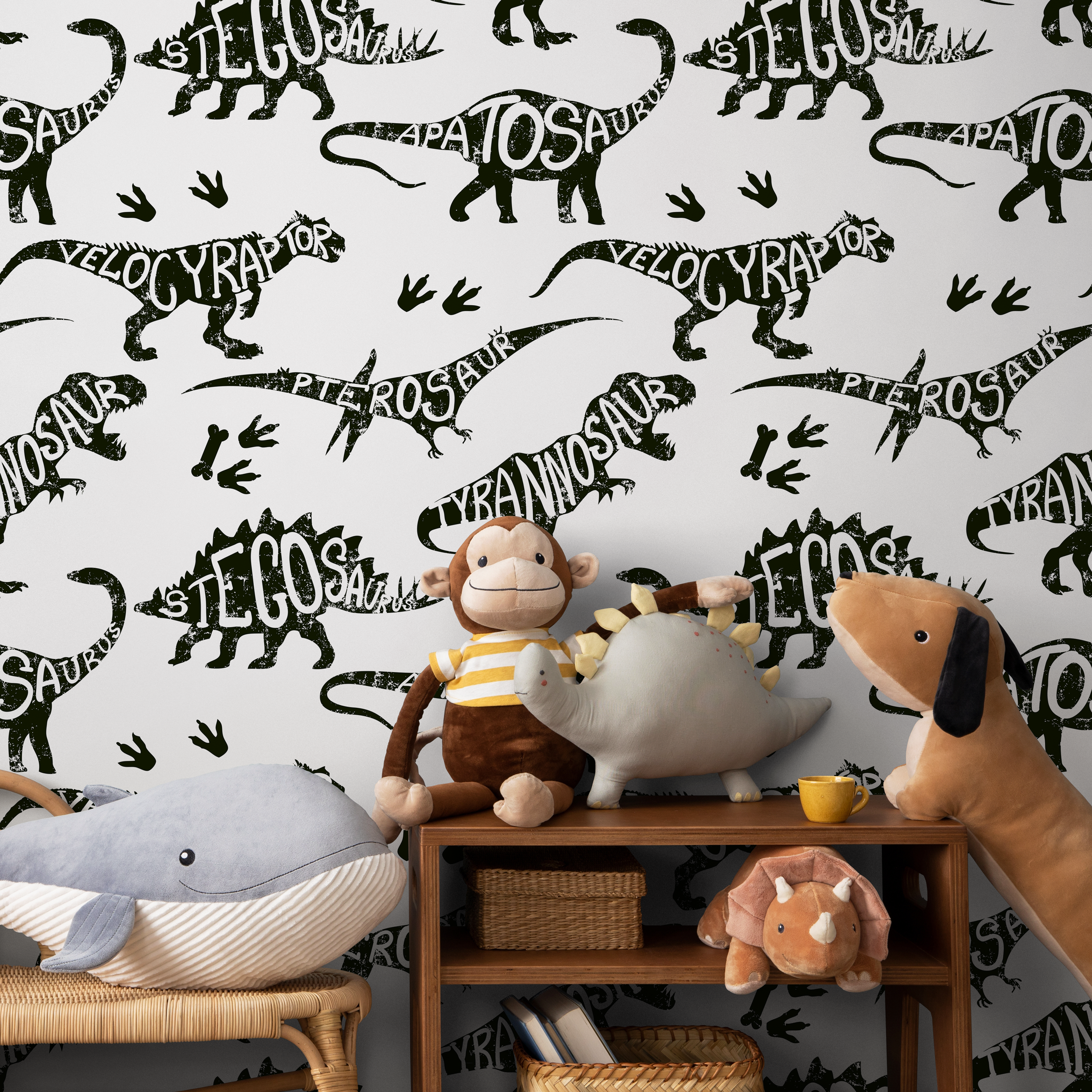 Dinosaur Wallpaper With Typographic Silhouettes In Black And Gray - B625
