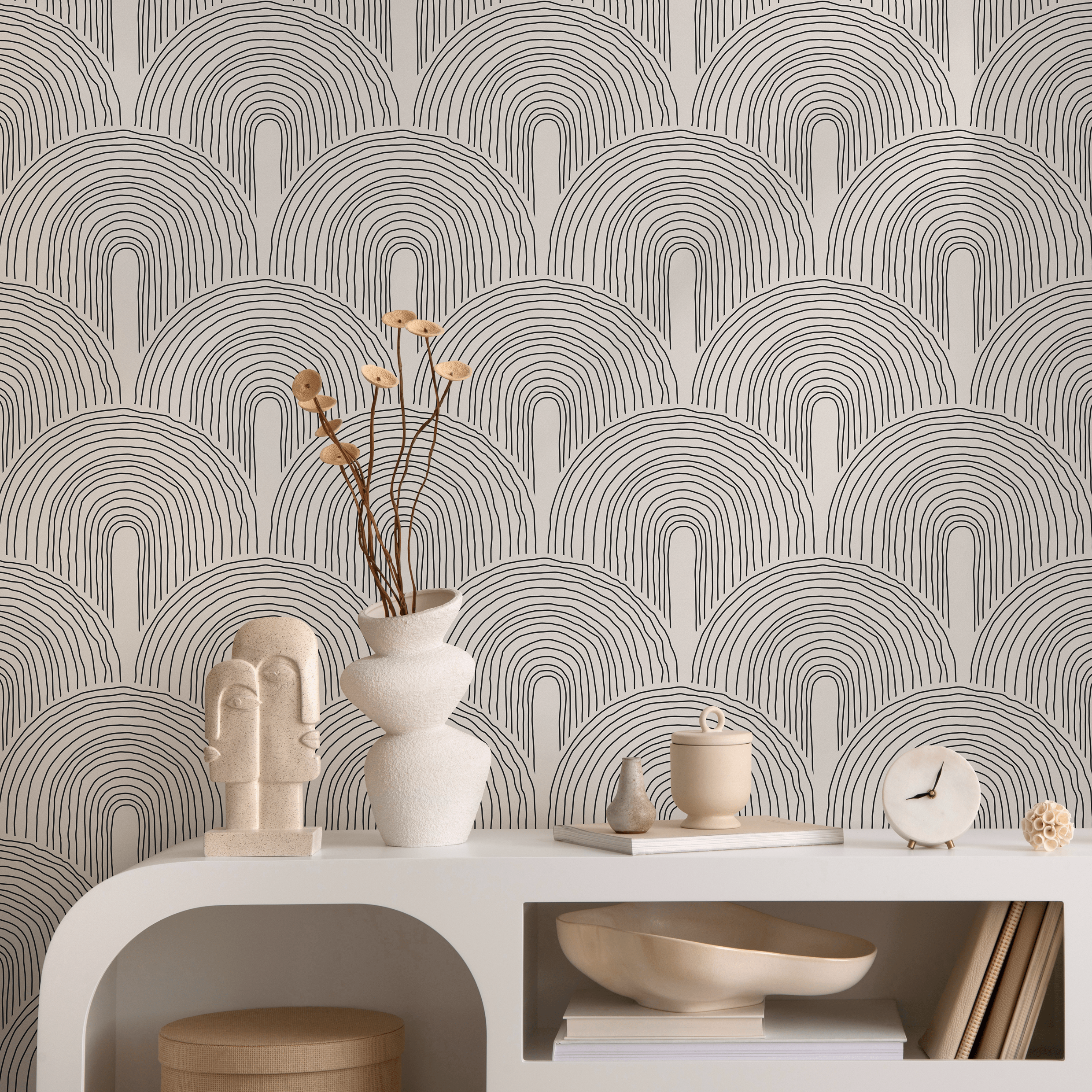 Abstract Wallpaper With Hand-drawn Arches In Black And White - B627