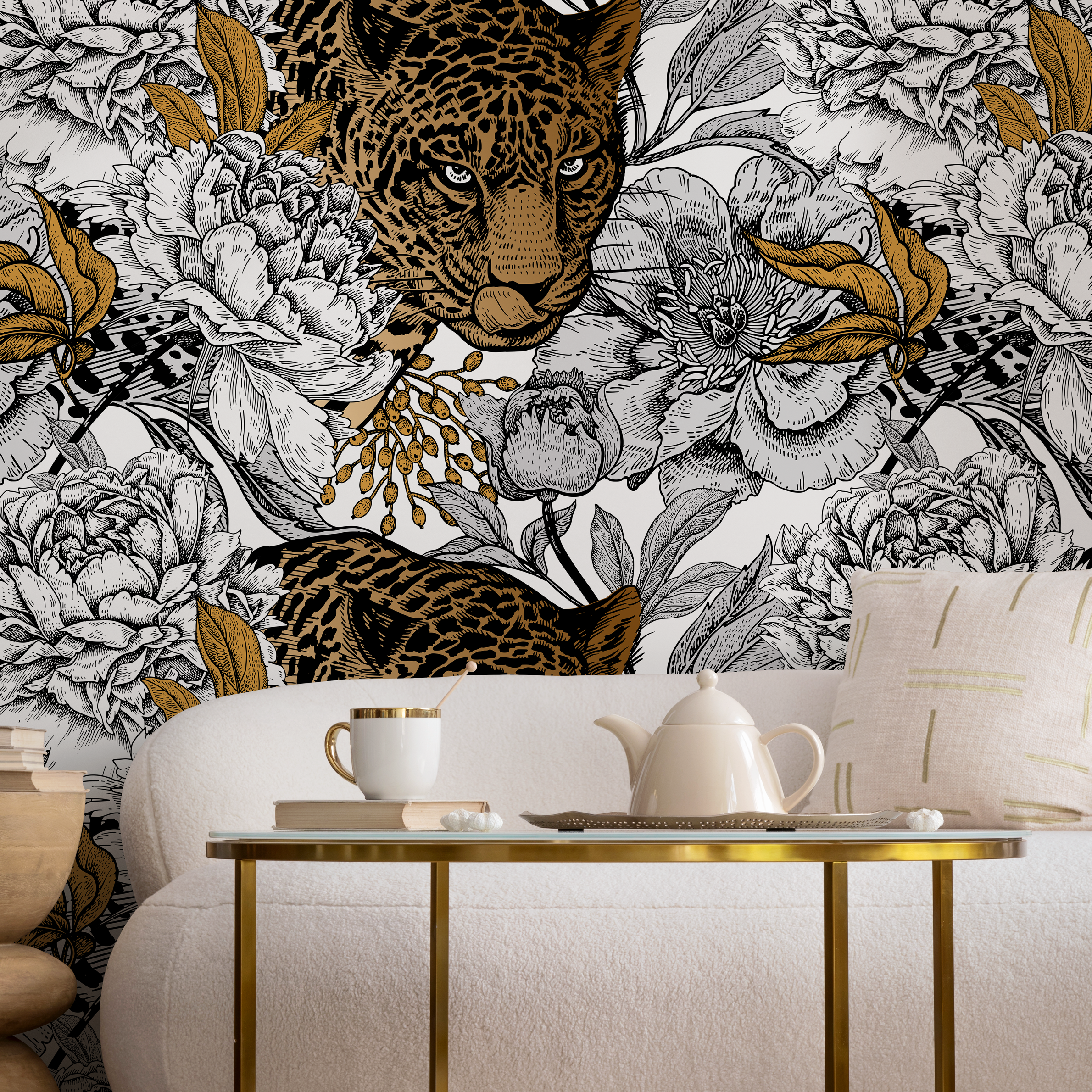 Animal Print Wallpaper With Jaguar And Peonies In Black And Gold - B629