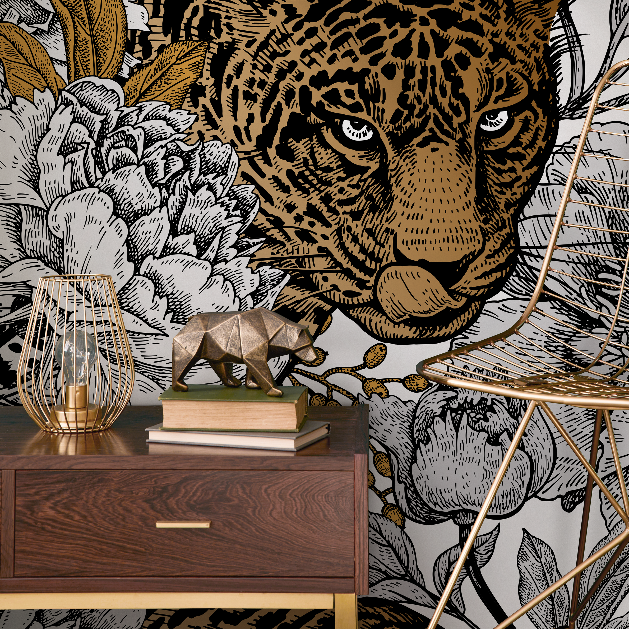 Animal Print Wallpaper With Jaguar And Peonies In Black And Gold - B629