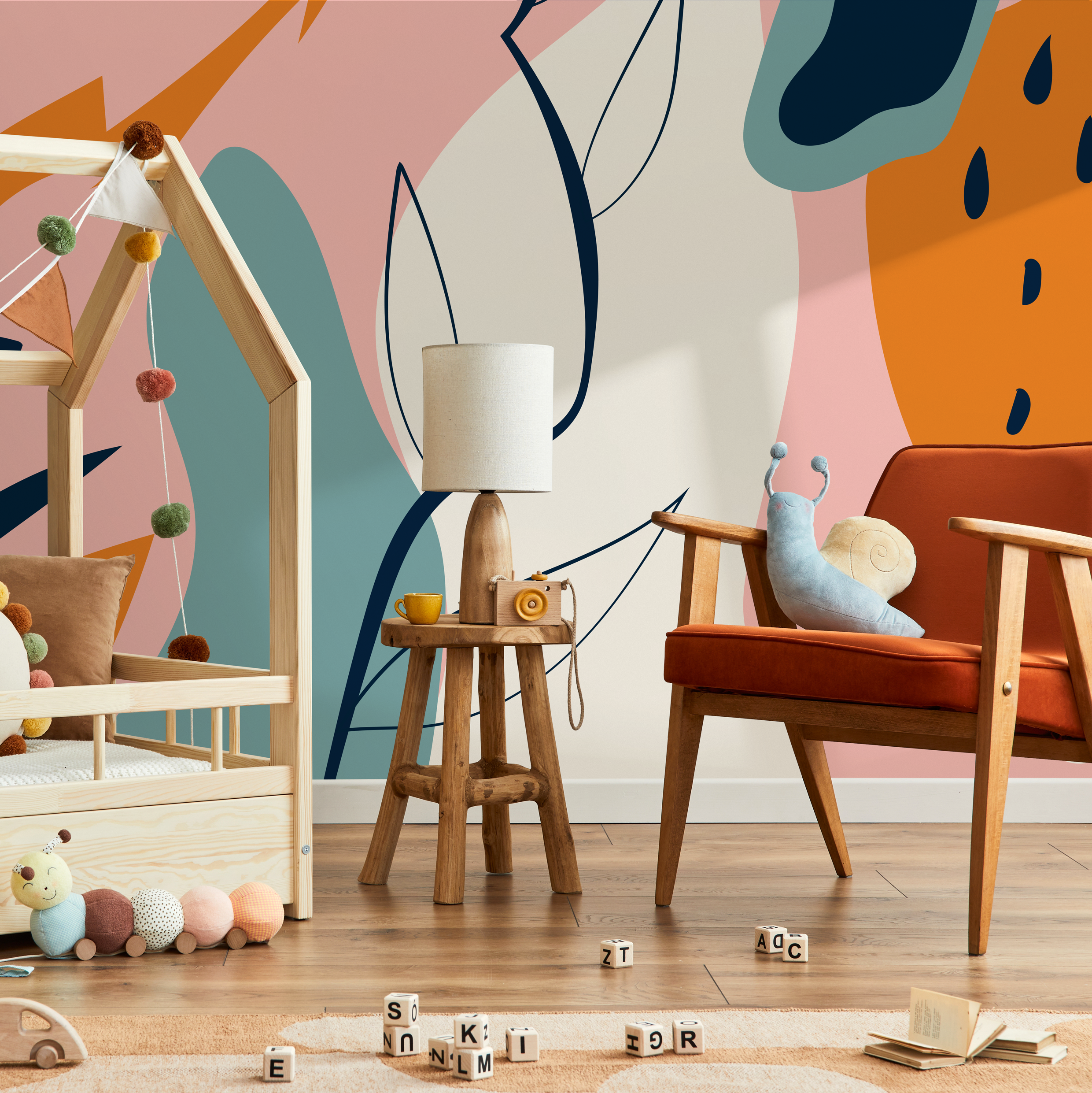 Abstract Wallpaper With Modern Organic Shapes In Pink, Orange, And Blue - B630