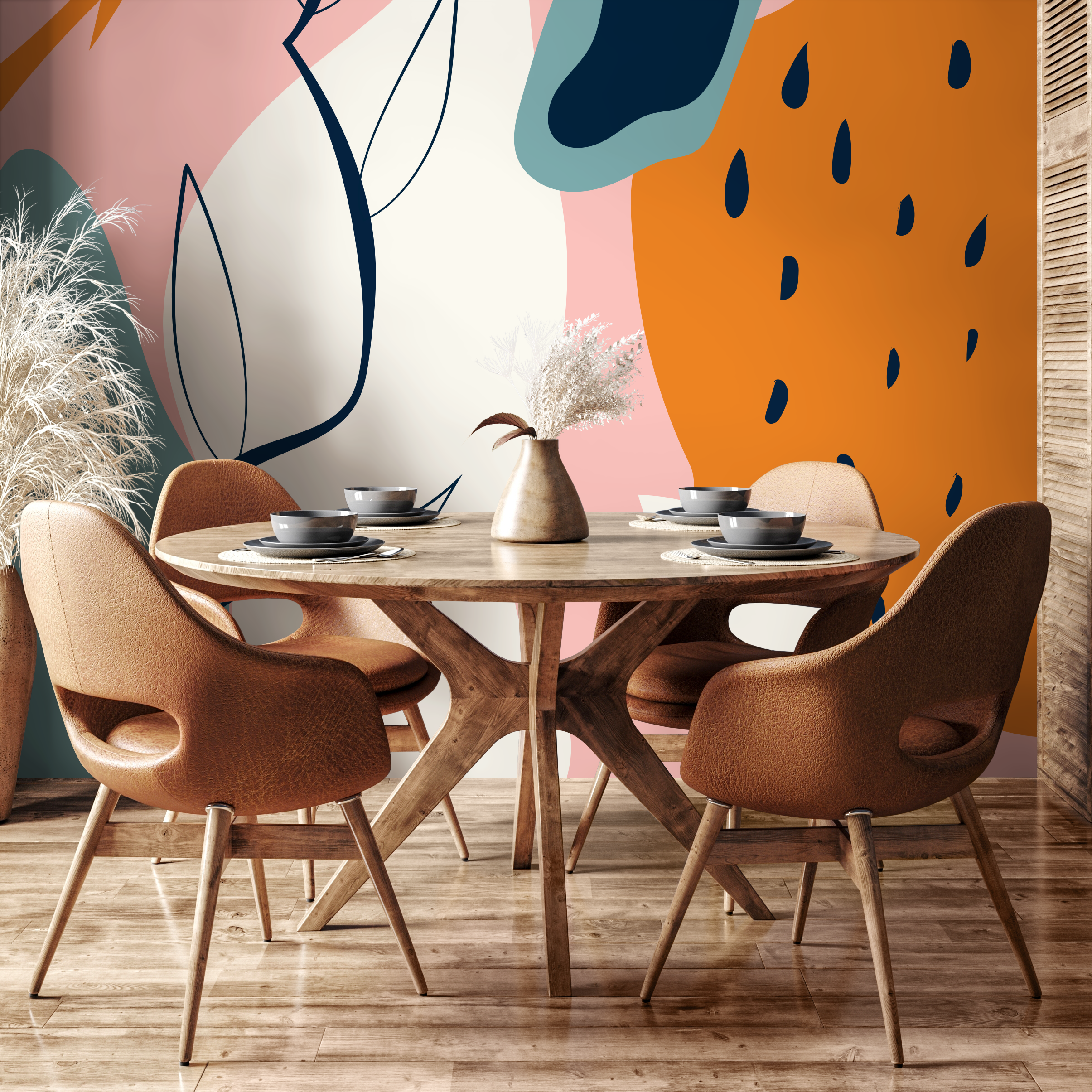 Abstract Wallpaper With Modern Organic Shapes In Pink, Orange, And Blue - B630