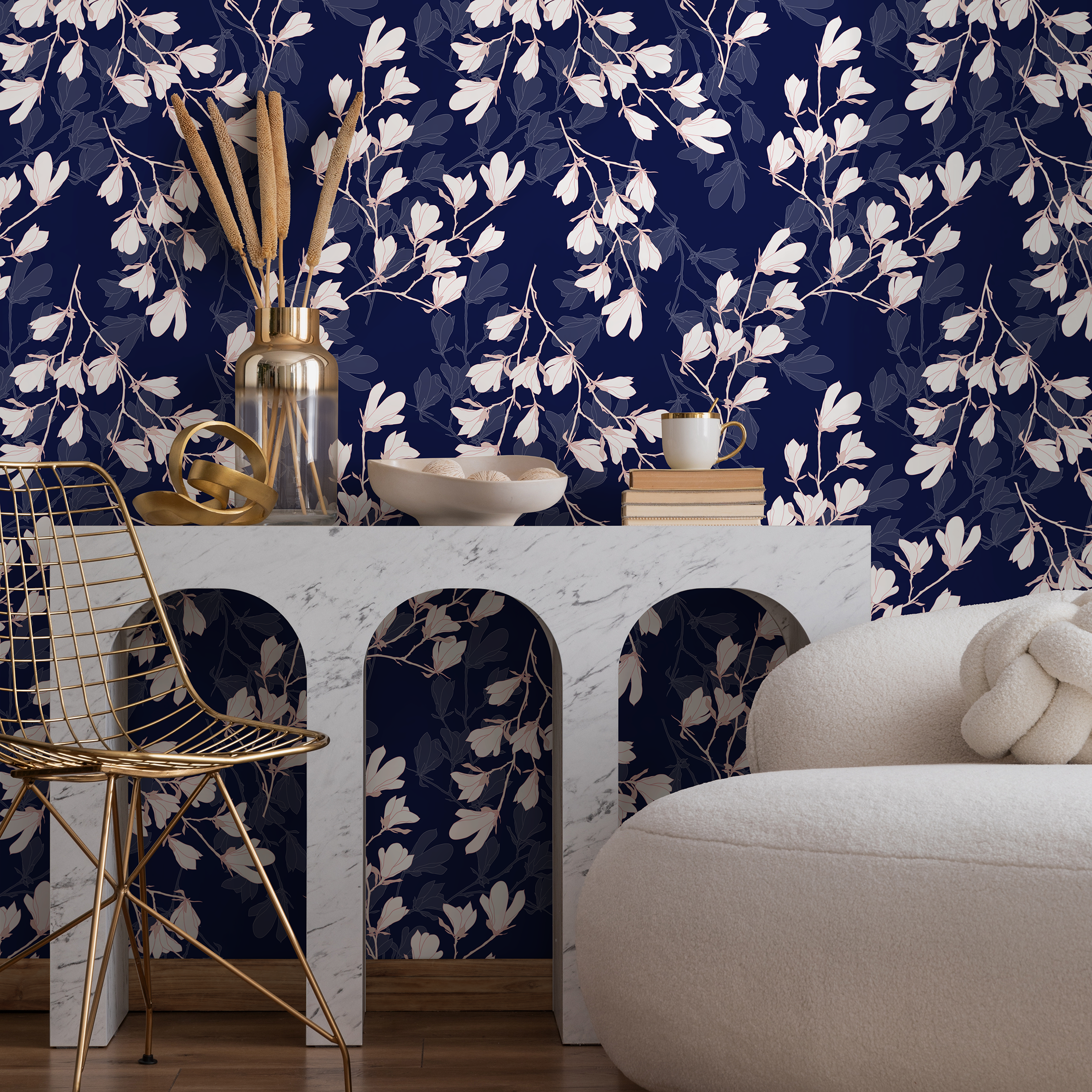 Floral Wallpaper With Magnolia Blossoms In Navy Blue And White - B632
