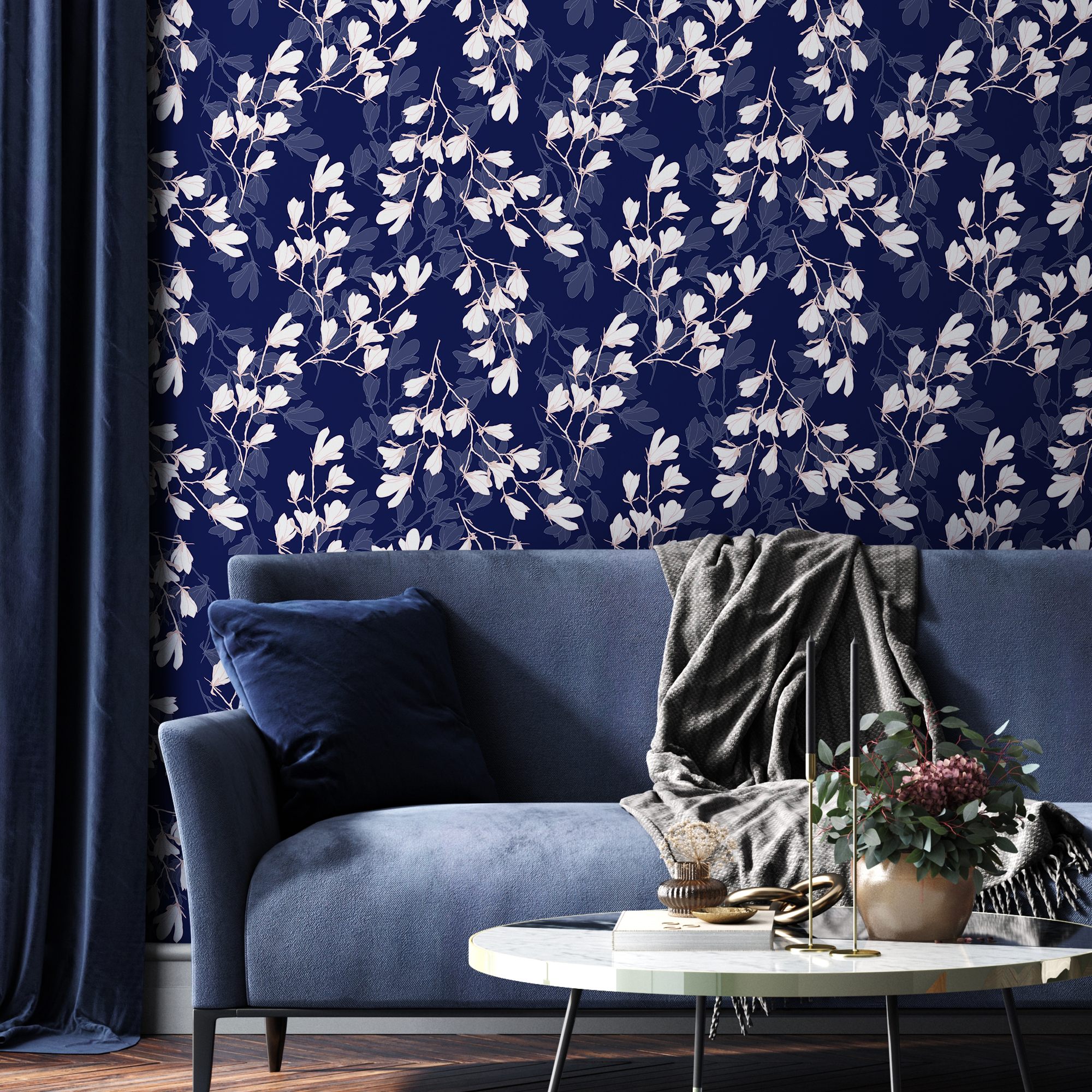 Floral Wallpaper With Magnolia Blossoms In Navy Blue And White - B632