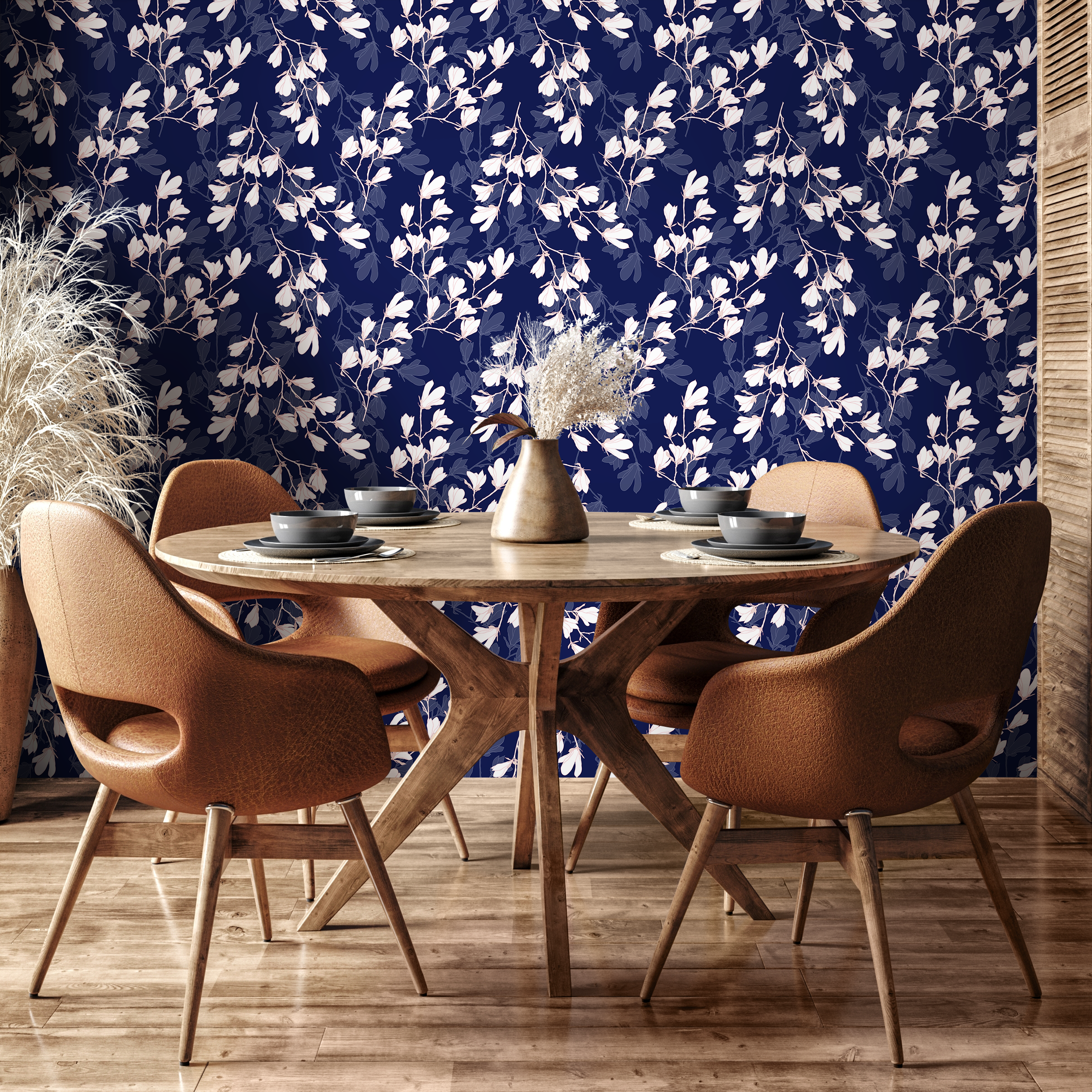 Floral Wallpaper With Magnolia Blossoms In Navy Blue And White - B632