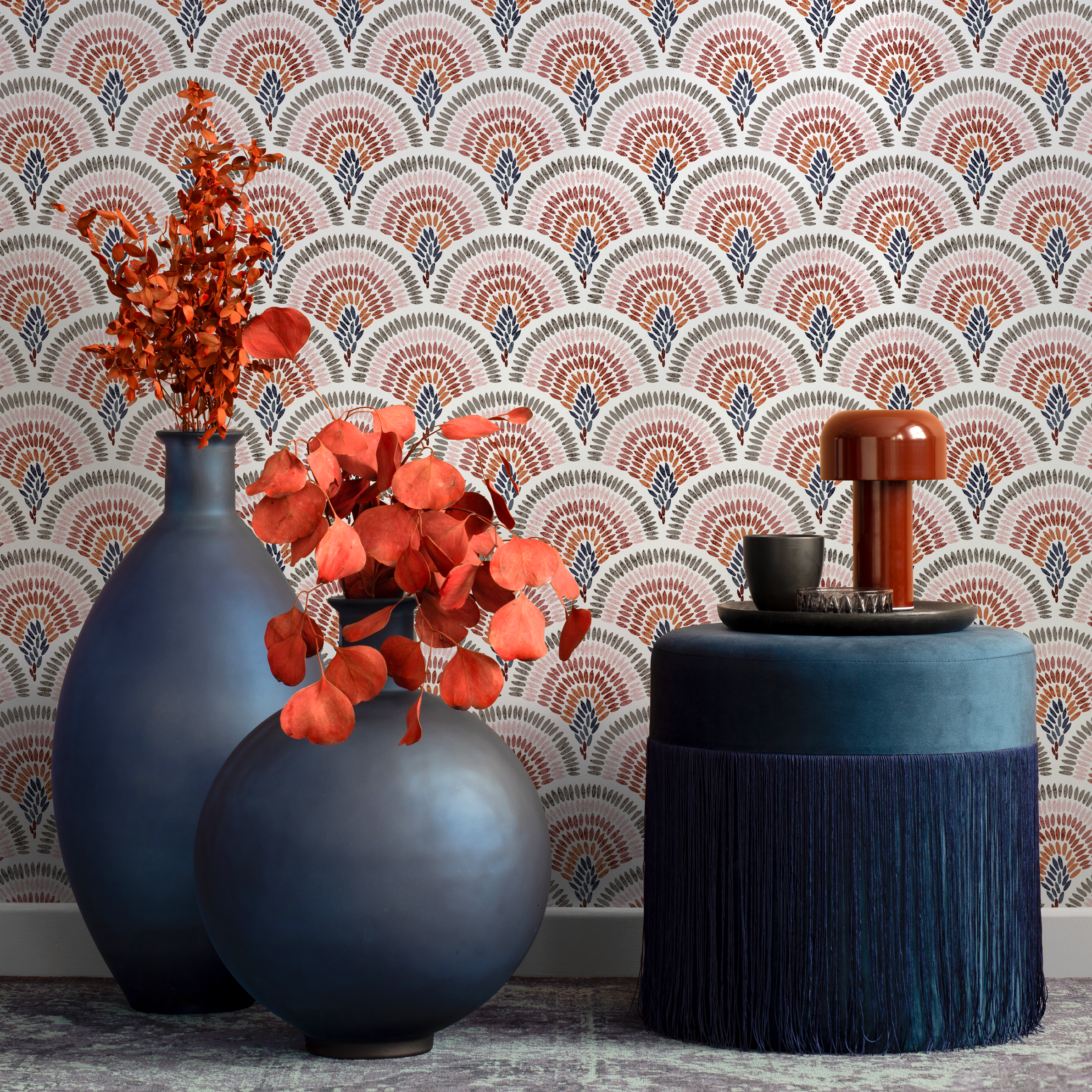 Art Deco Wallpaper With A Painted Scallop Motif In Pink, Terracotta, And Blue - B633