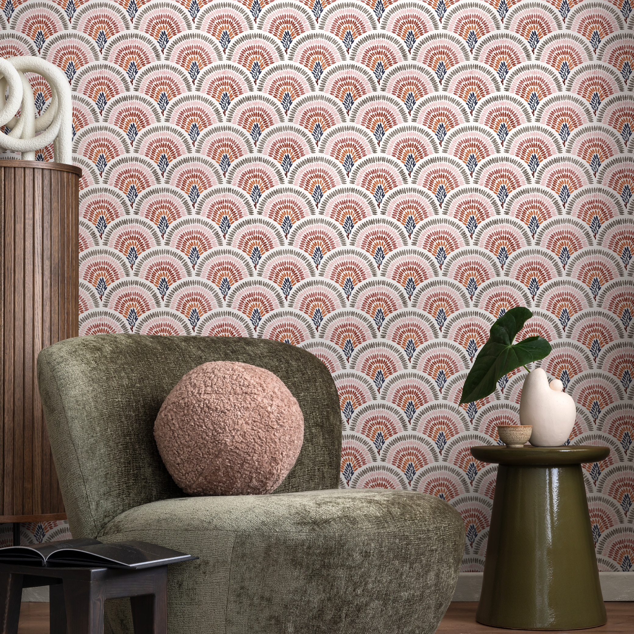 Art Deco Wallpaper With A Painted Scallop Motif In Pink, Terracotta, And Blue - B633