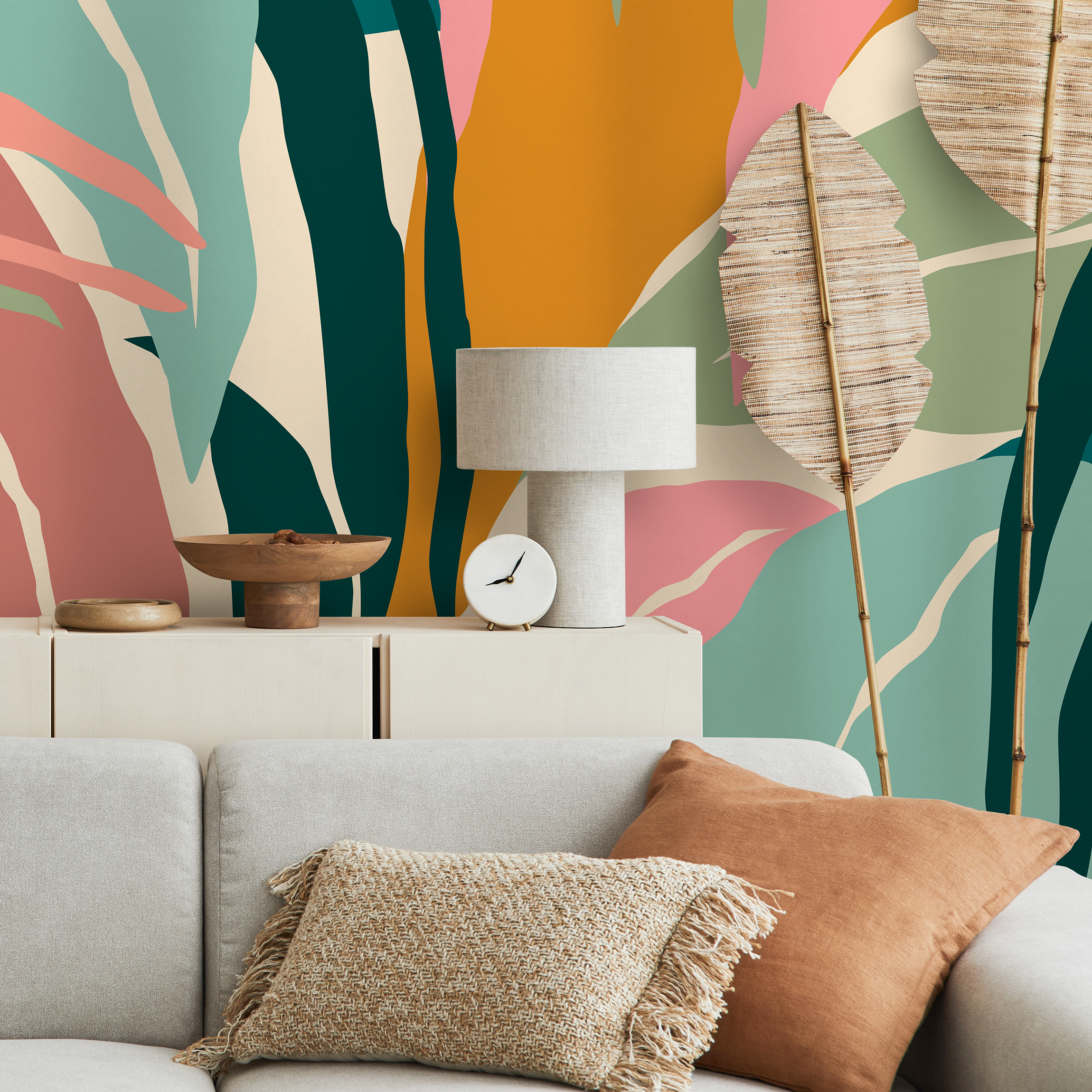 Botanical Wallpaper With An Abstract Tropical Leaf Motif In Teal, Pink, And Ochre - B634