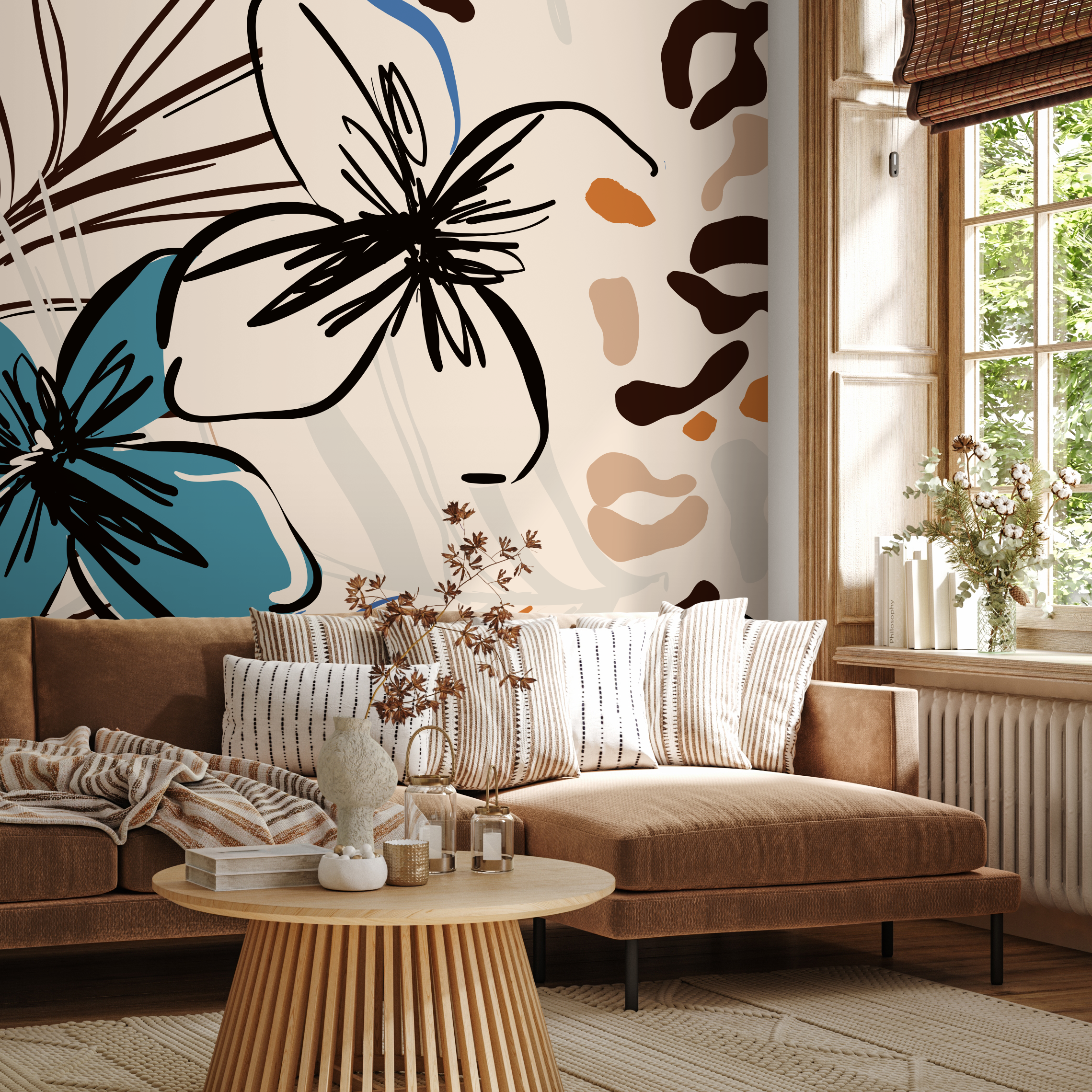 Abstract Floral Wallpaper Featuring Sketched Blooms In Blue, Black, And Brown - B636