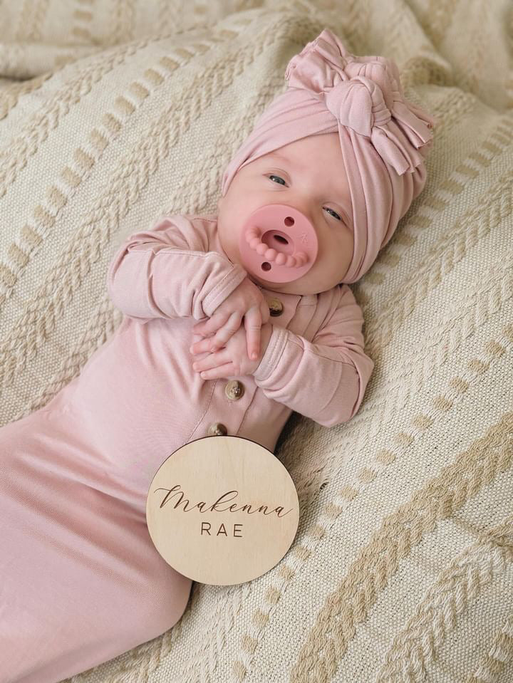 Newborn Knotted Gown And 3 Bow Turban Hat - Dusty Rose