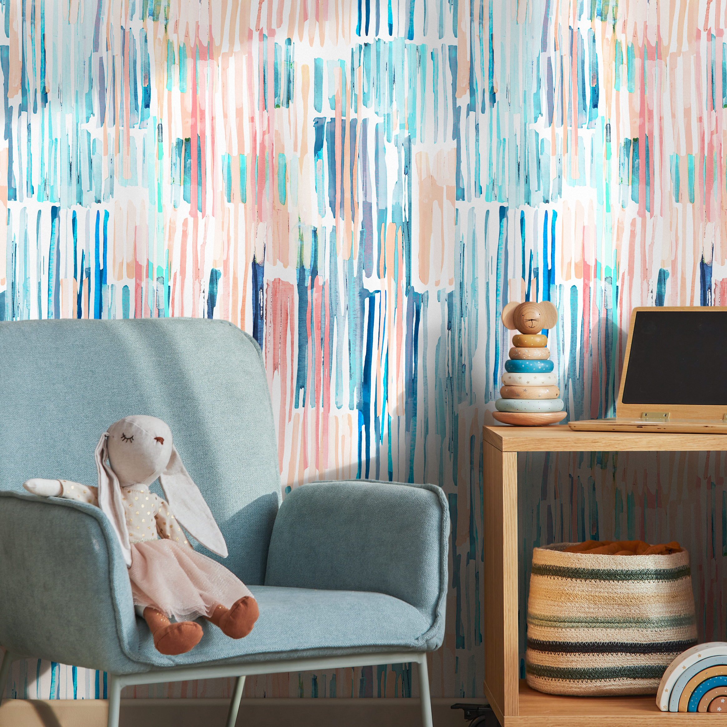 Abstract Wallpaper With Painterly Brushstrokes In Blue, Pink, And Peach - B638