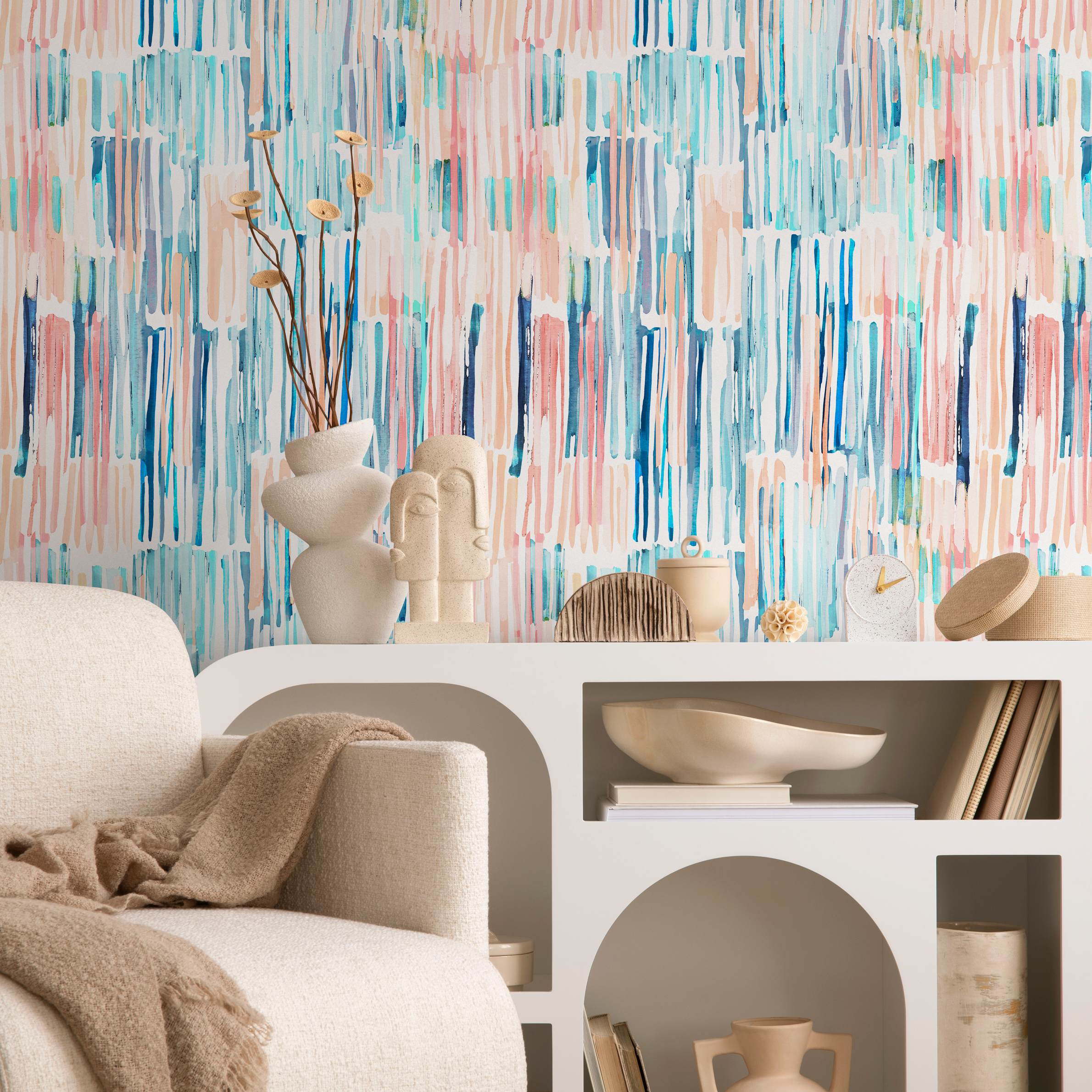 Abstract Wallpaper With Painterly Brushstrokes In Blue, Pink, And Peach - B638