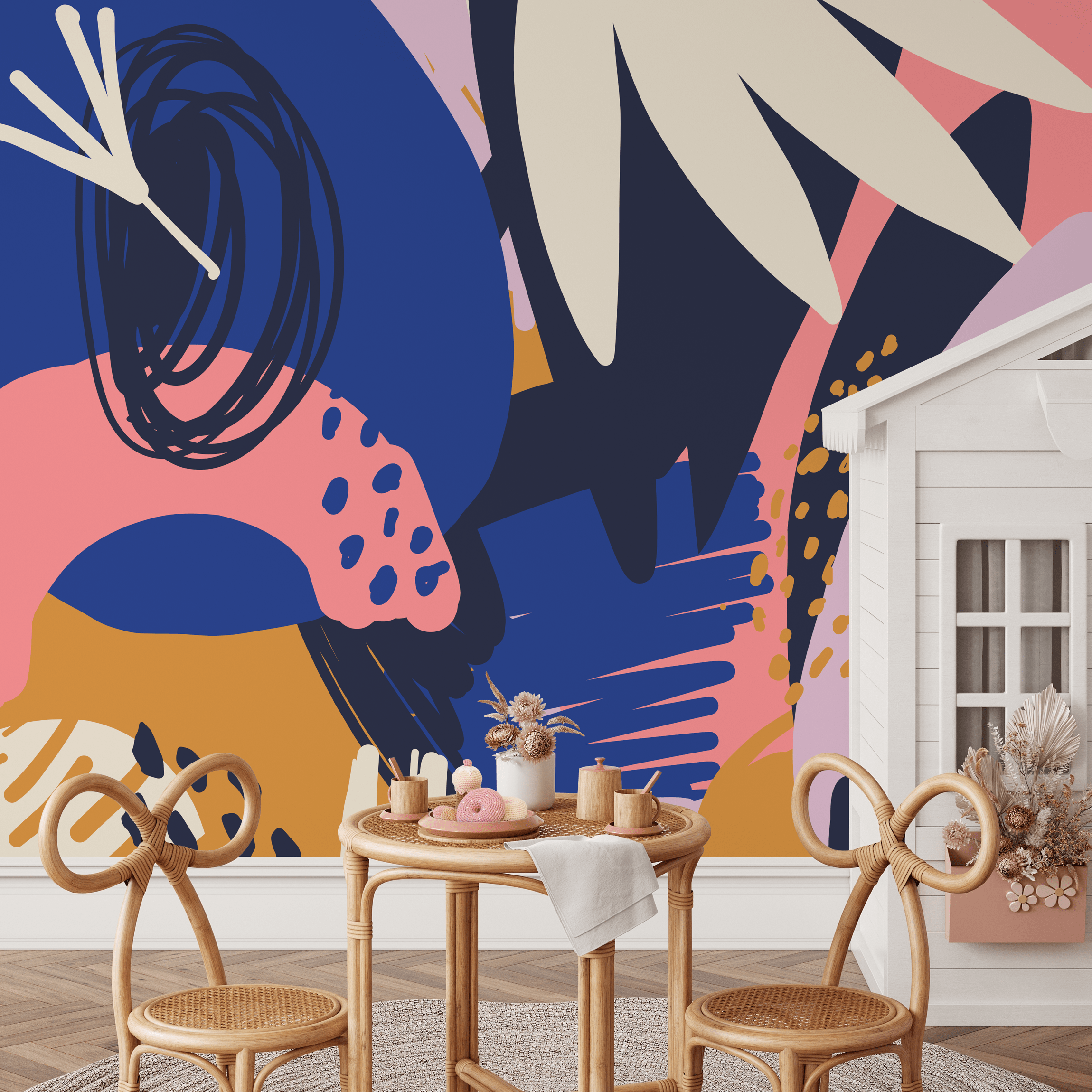 Abstract Wallpaper With Bold Organic Forms In Navy, Pink, And Mustard - B639
