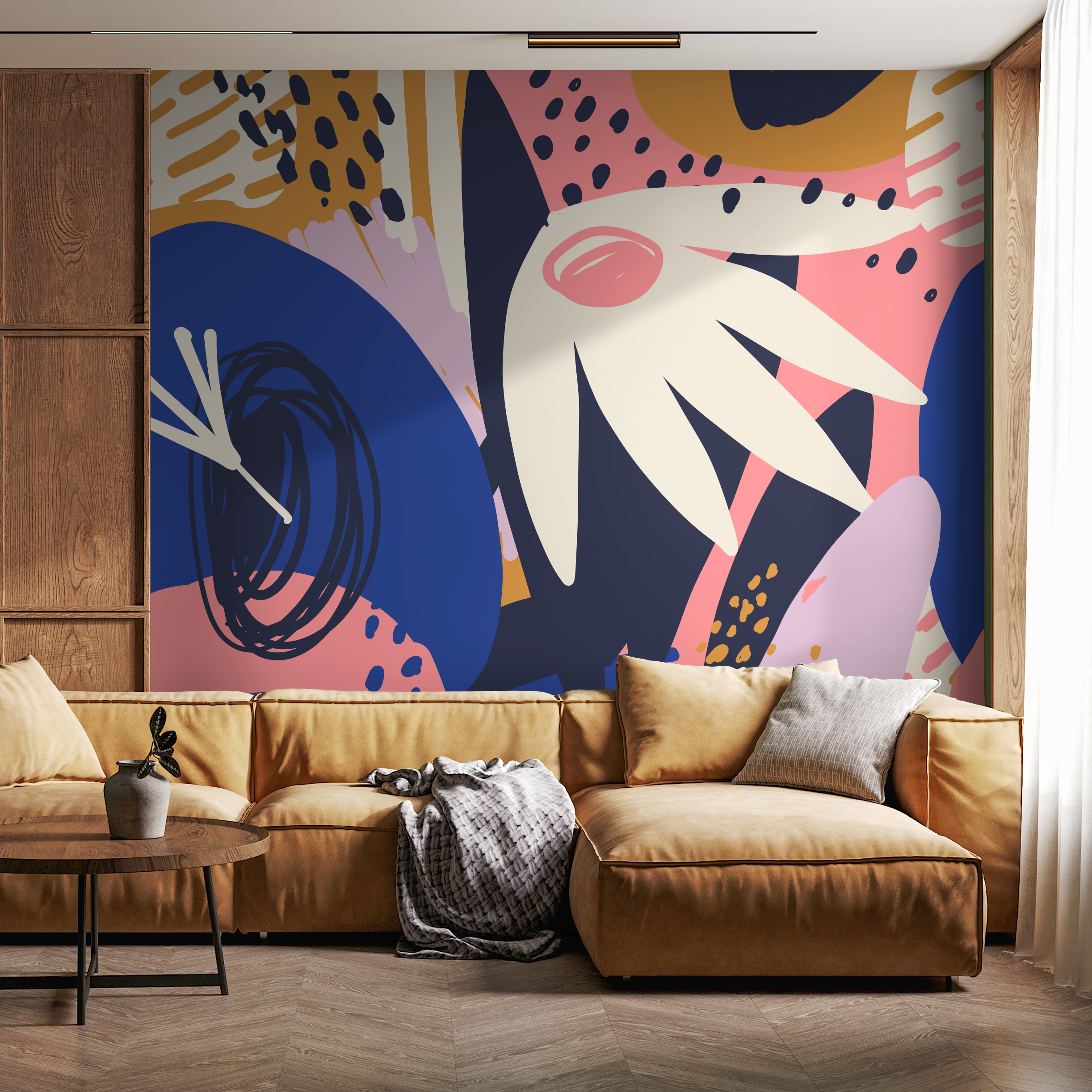Abstract Wallpaper With Bold Organic Forms In Navy, Pink, And Mustard - B639