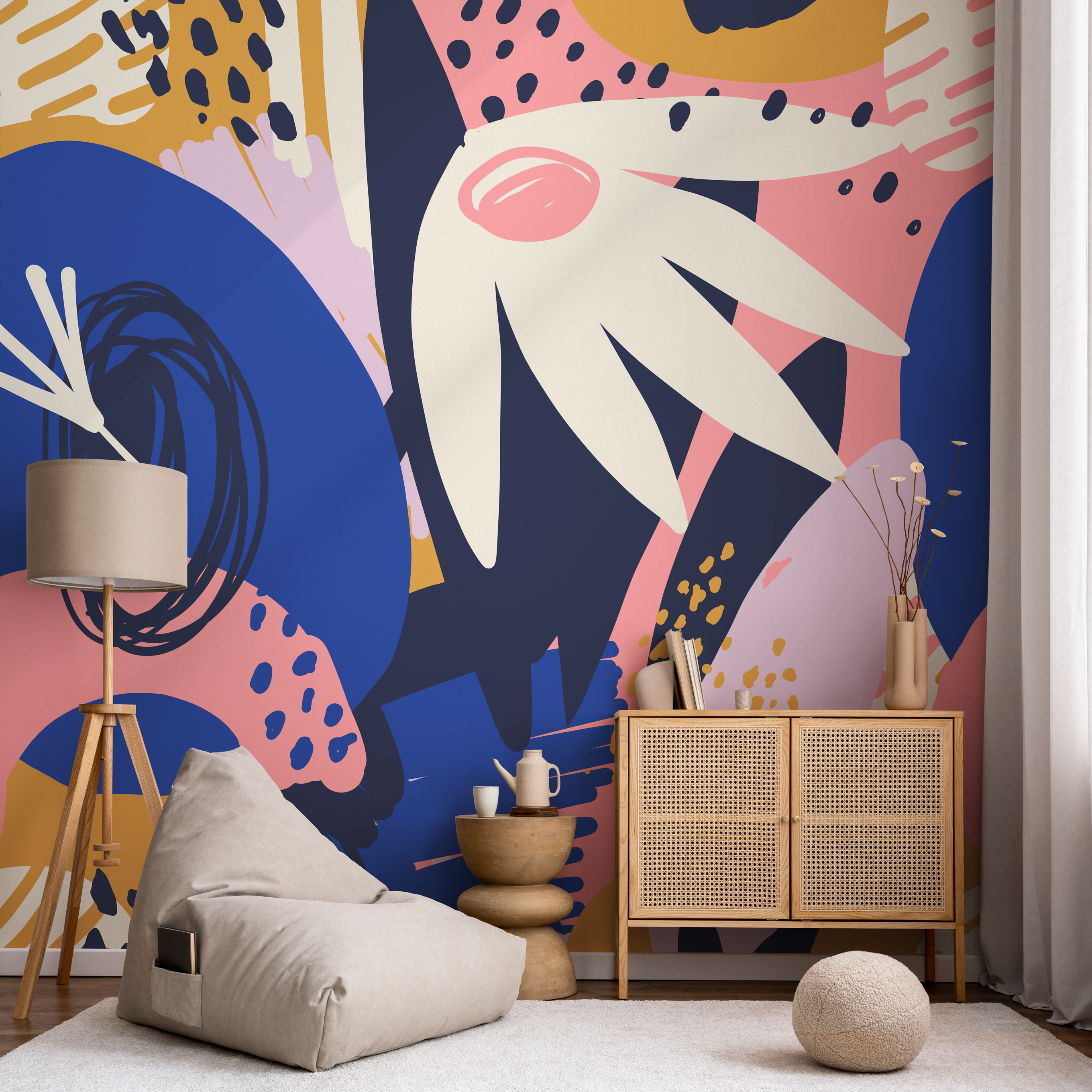 Abstract Wallpaper With Bold Organic Forms In Navy, Pink, And Mustard - B639