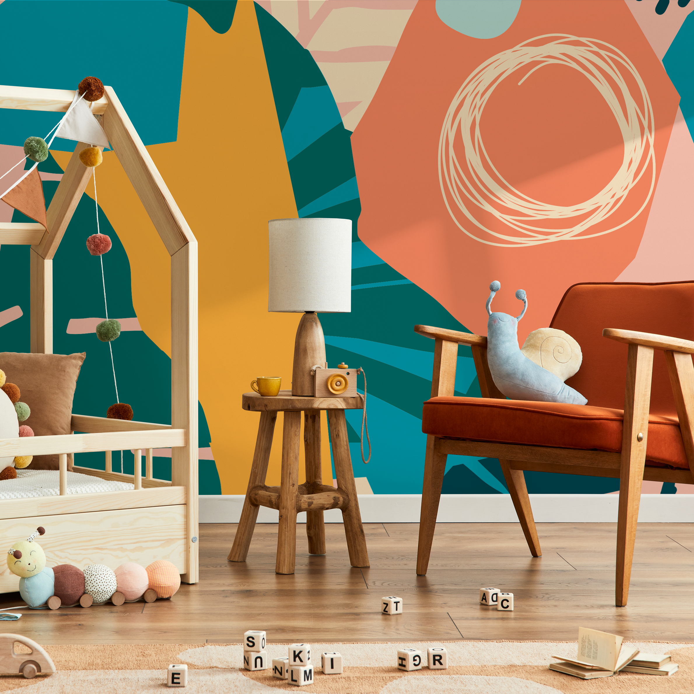 Abstract Wallpaper With Colorful Cut-out Shapes In Teal, Yellow, And Orange - B640