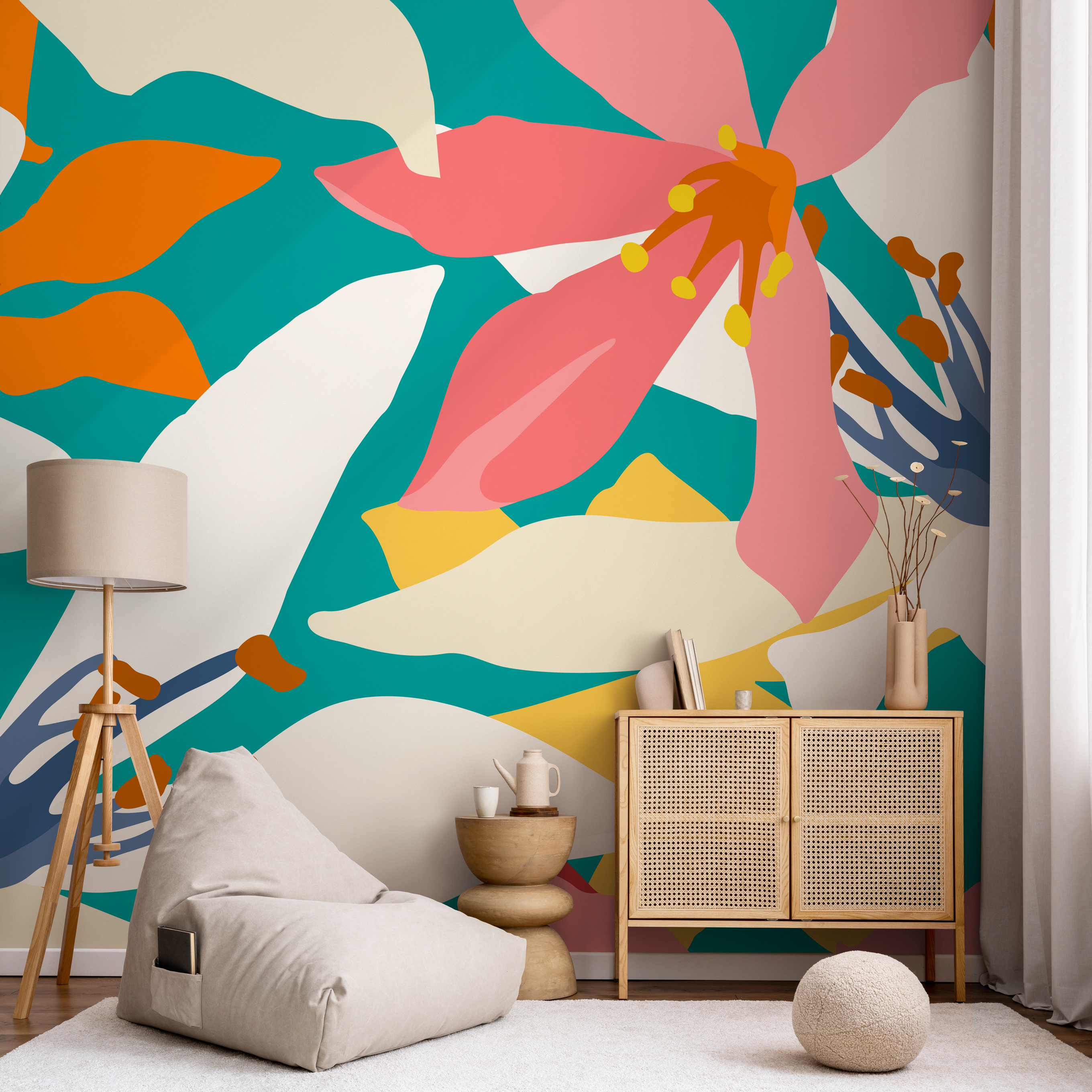 Abstract Floral Wallpaper With Bold Organic Shapes In Teal, Pink, And Yellow - B644