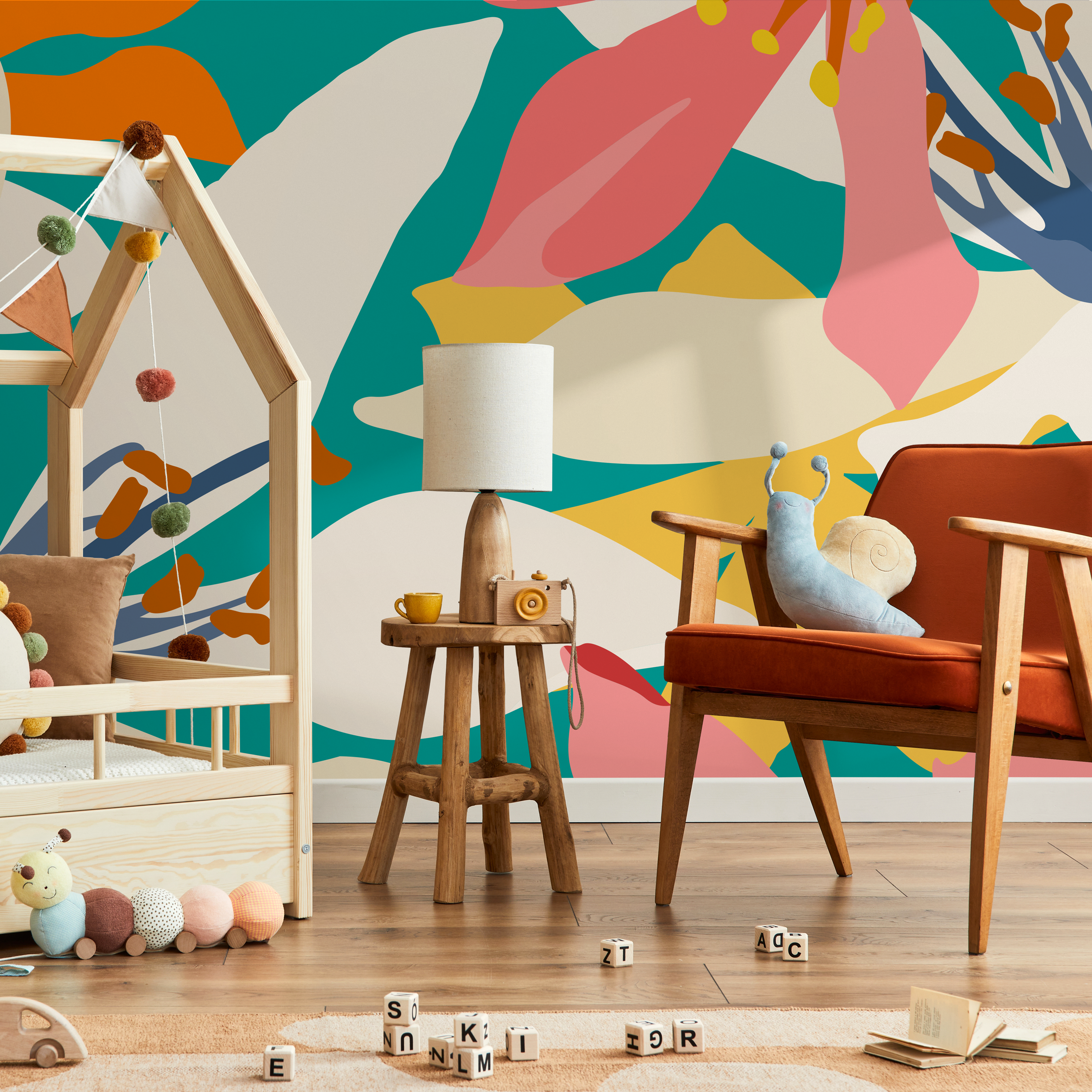 Abstract Floral Wallpaper With Bold Organic Shapes In Teal, Pink, And Yellow - B644