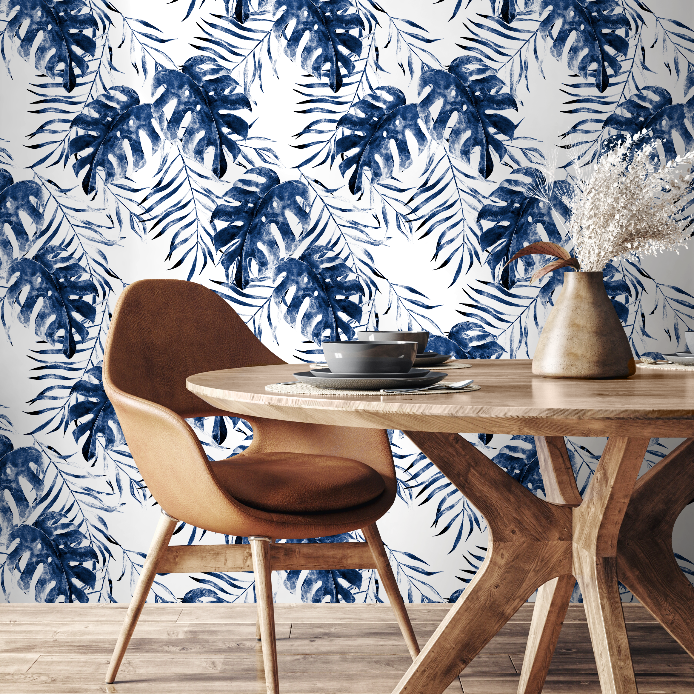 Tropical Wallpaper With Painterly Monstera Leaves In Indigo Blue - B646
