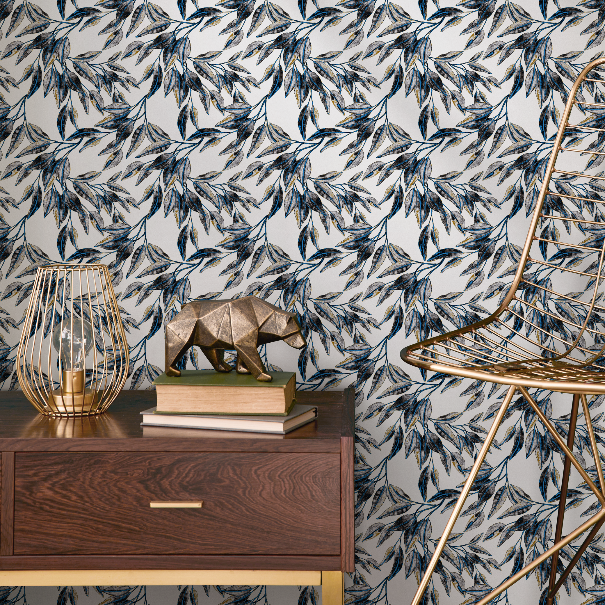Botanical Wallpaper With Elegant Leafy Branches In Blue And Yellow - B652