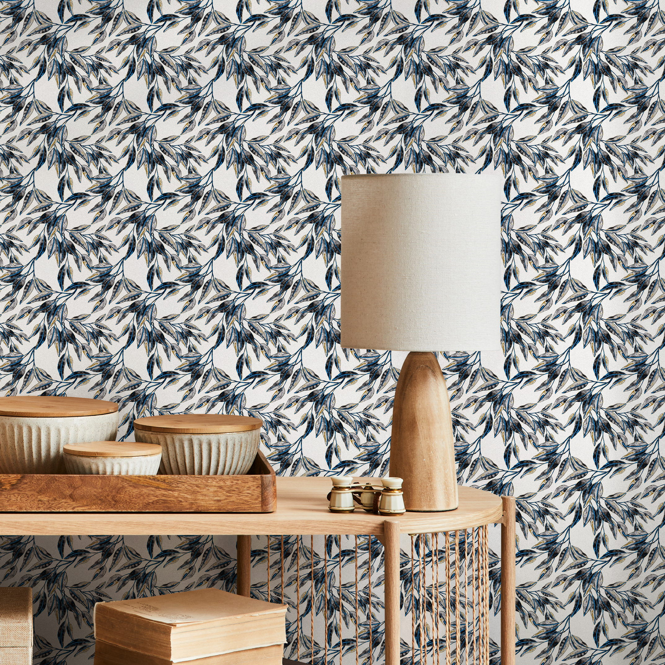 Botanical Wallpaper With Elegant Leafy Branches In Blue And Yellow - B652