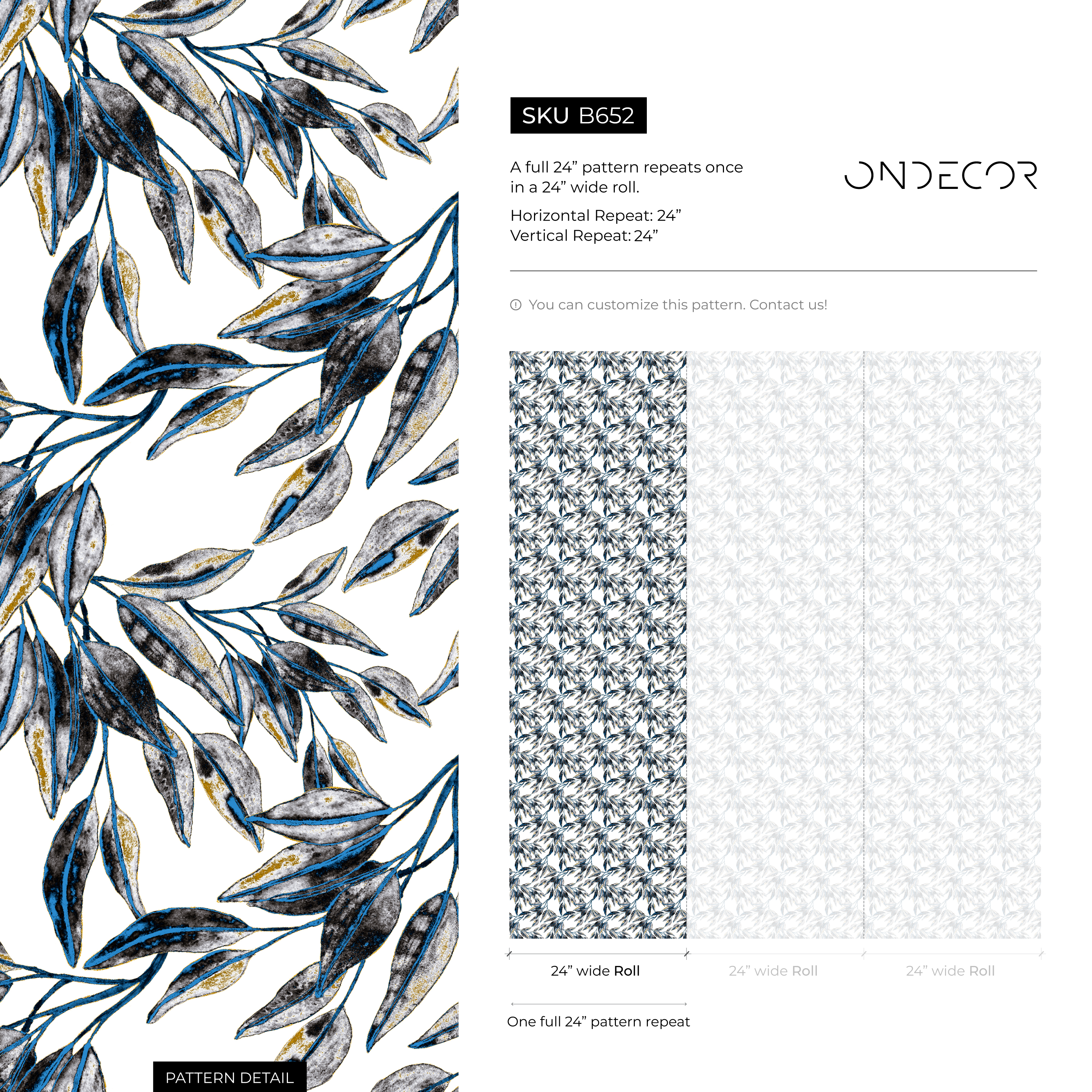 Botanical Wallpaper With Elegant Leafy Branches In Blue And Yellow - B652