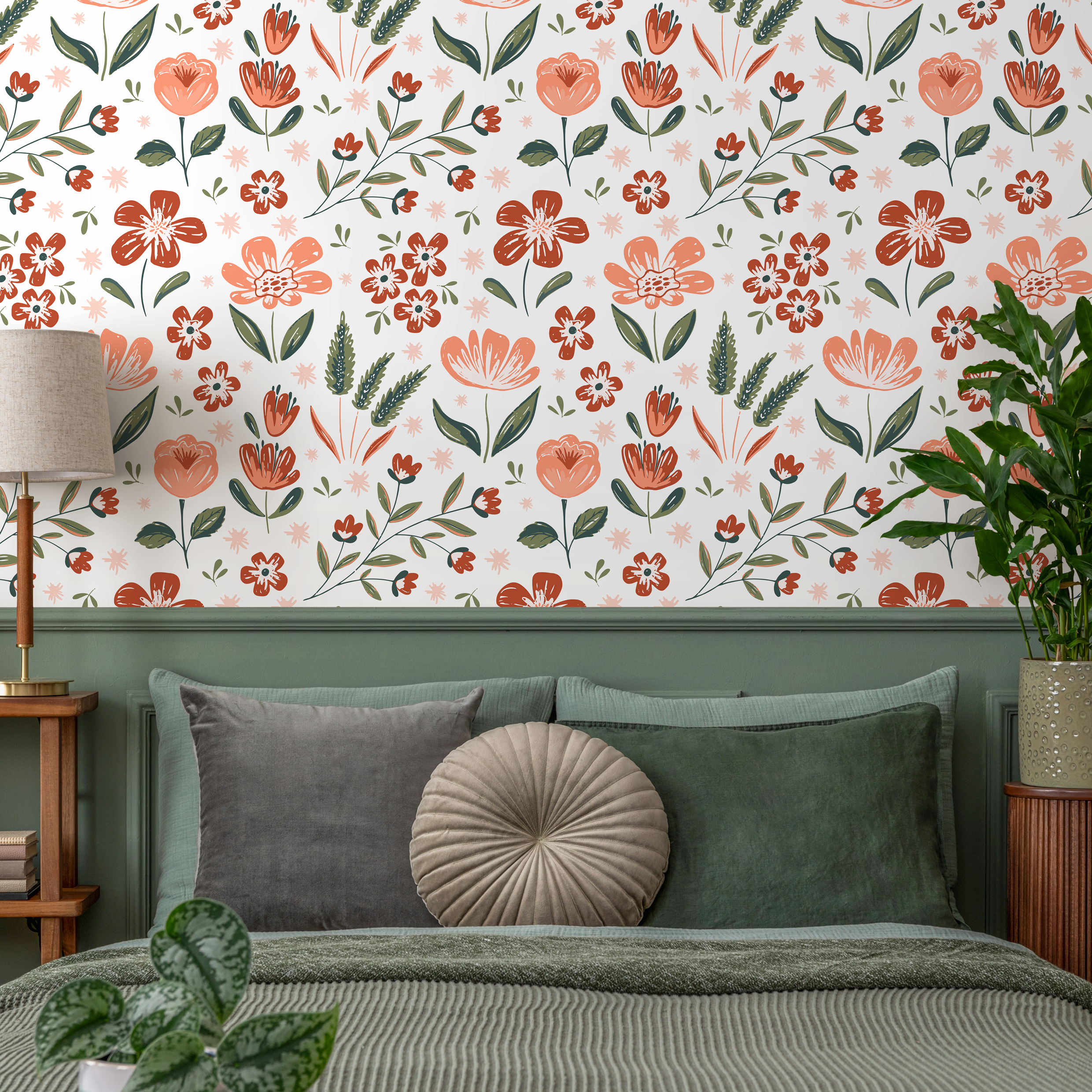 Floral Wallpaper With A Folk Art Motif In Terracotta, Peach, And Green - B653