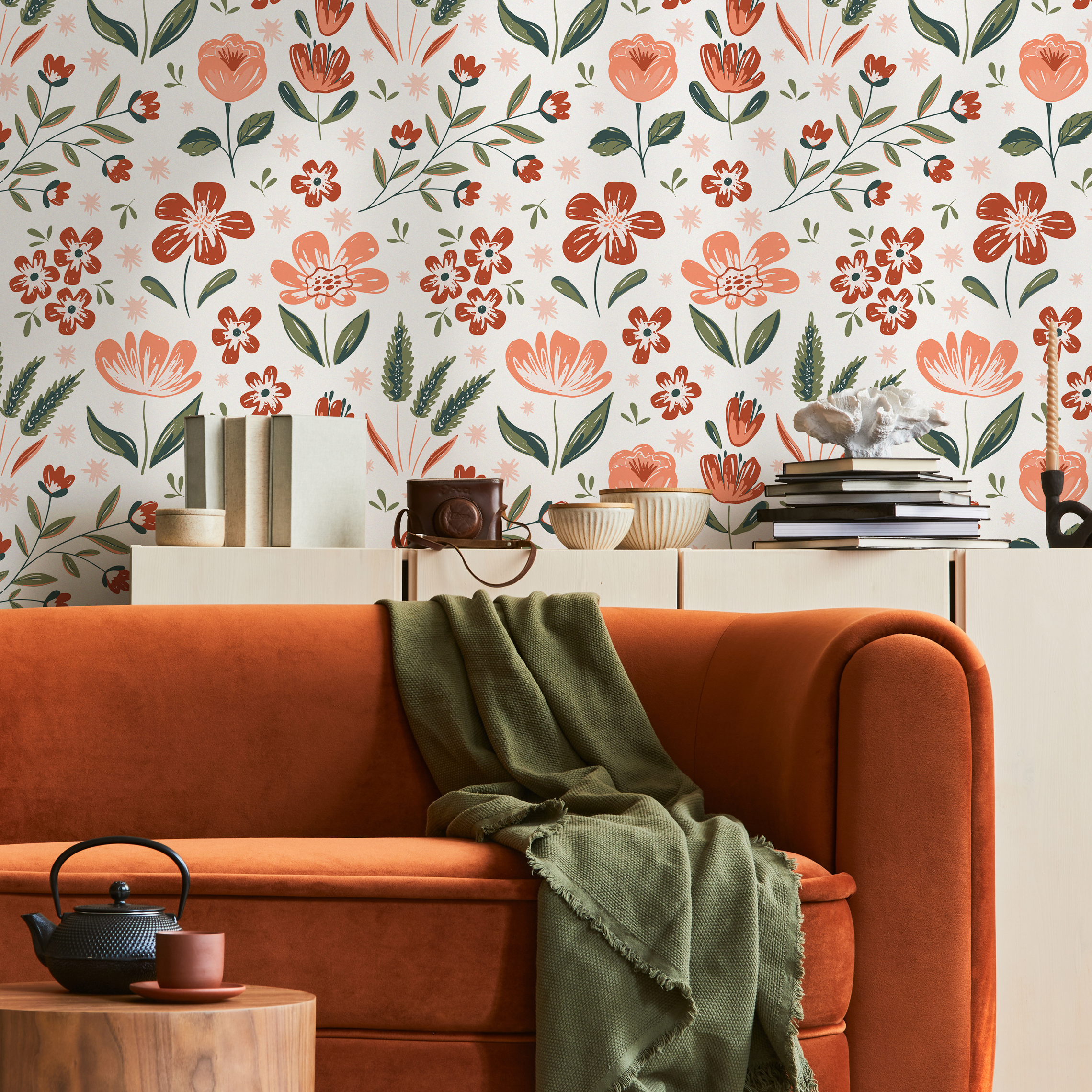 Floral Wallpaper With A Folk Art Motif In Terracotta, Peach, And Green - B653
