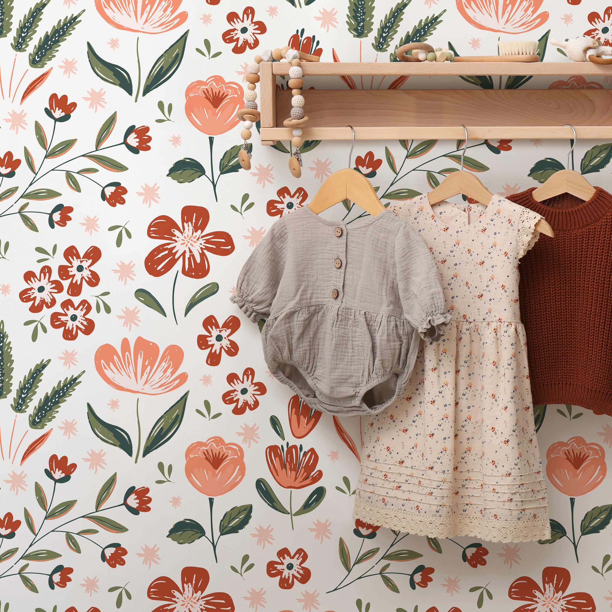 Floral Wallpaper With A Folk Art Motif In Terracotta, Peach, And Green - B653