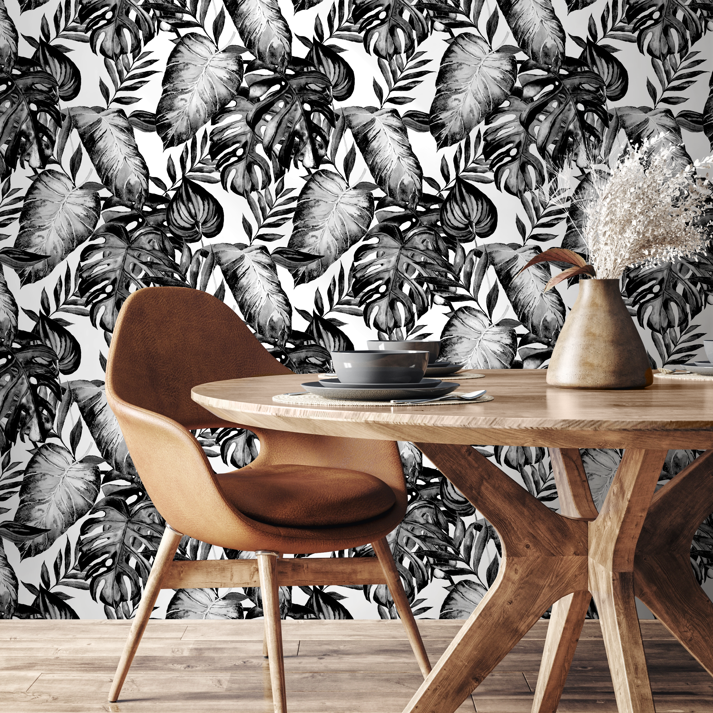 Botanical Wallpaper With A Lush Monstera Leaf Motif In Black And White - B655