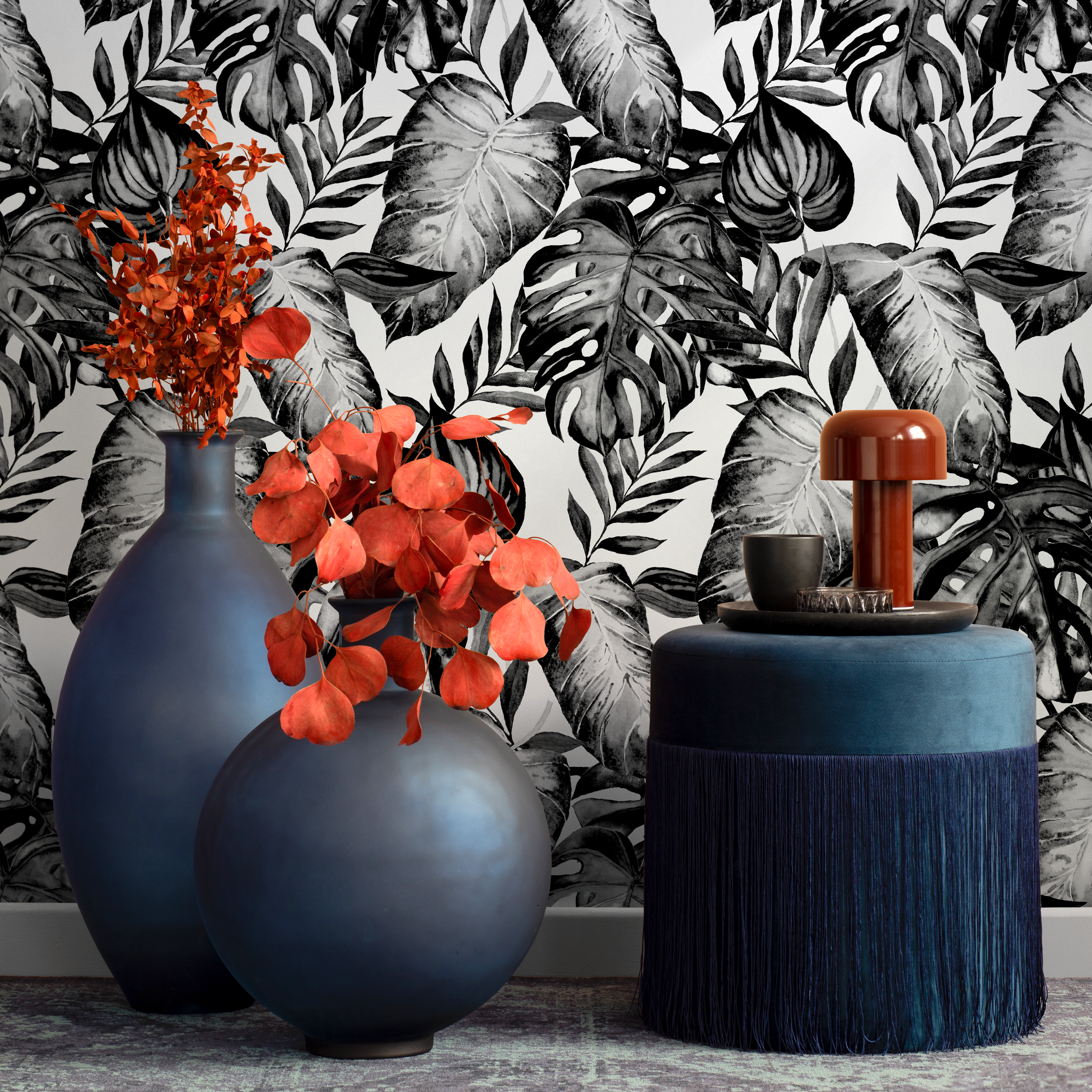 Botanical Wallpaper With A Lush Monstera Leaf Motif In Black And White - B655