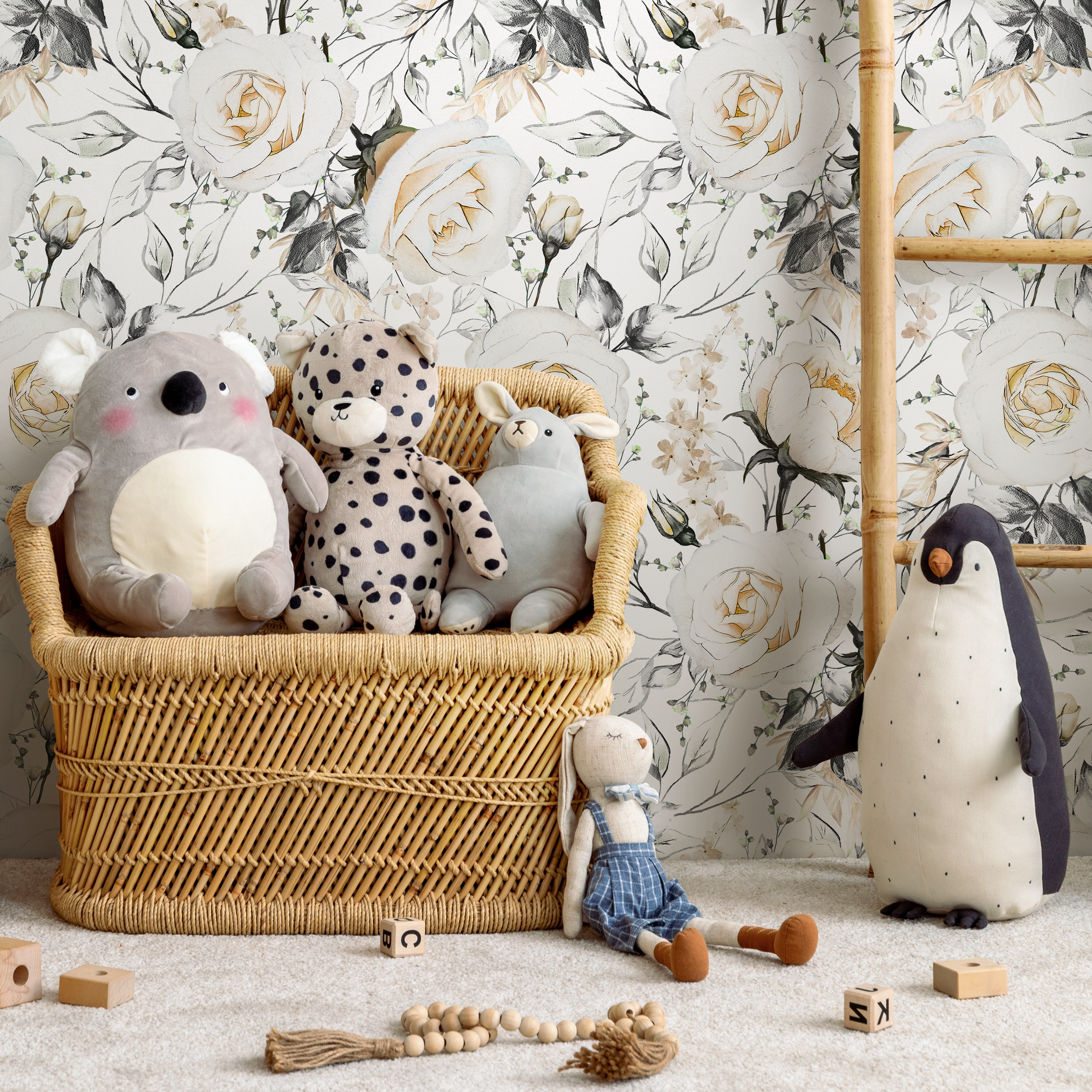 Floral Wallpaper With A Watercolor Rose Motif In Cream, Gray, And Yellow - B656