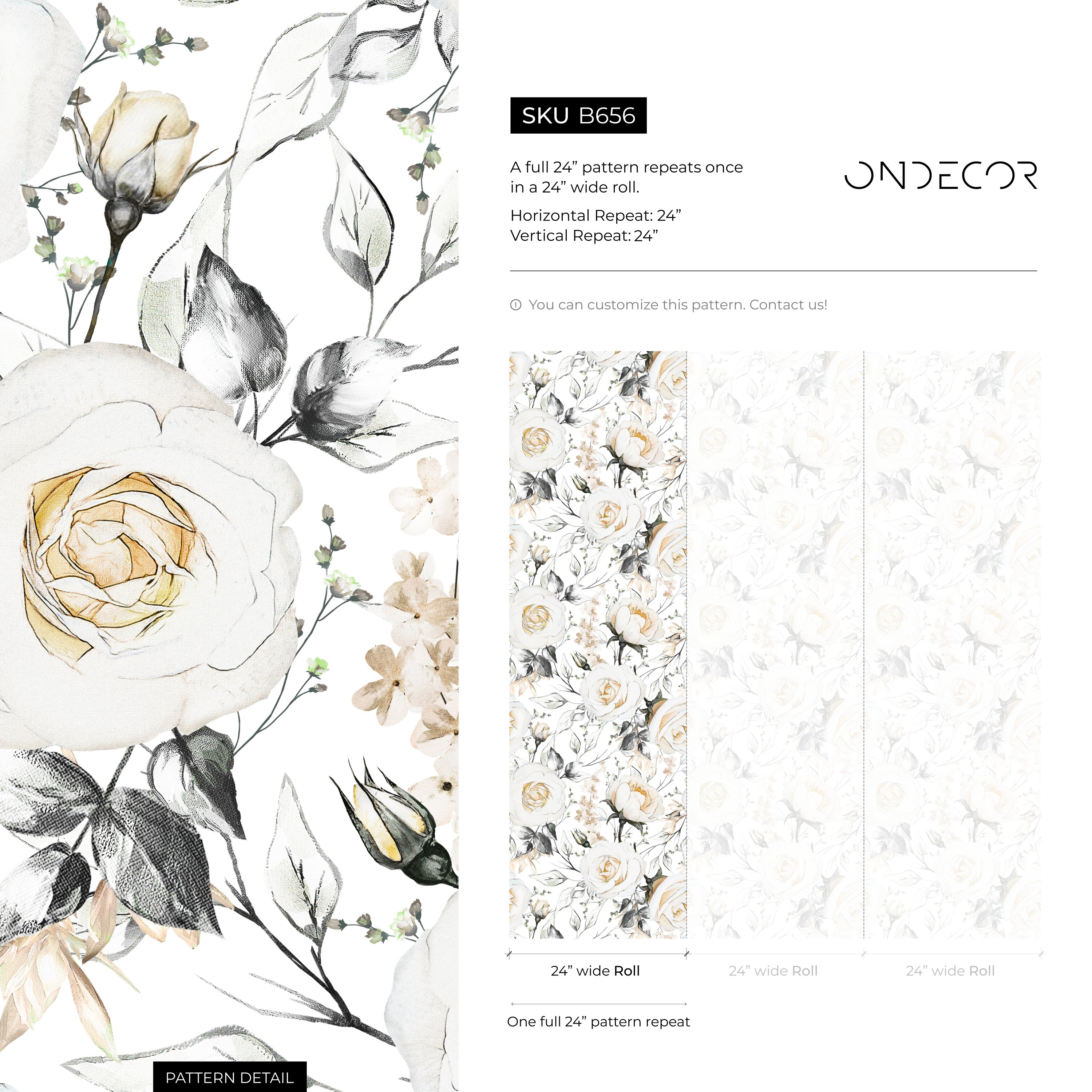 Floral Wallpaper With A Watercolor Rose Motif In Cream, Gray, And Yellow - B656