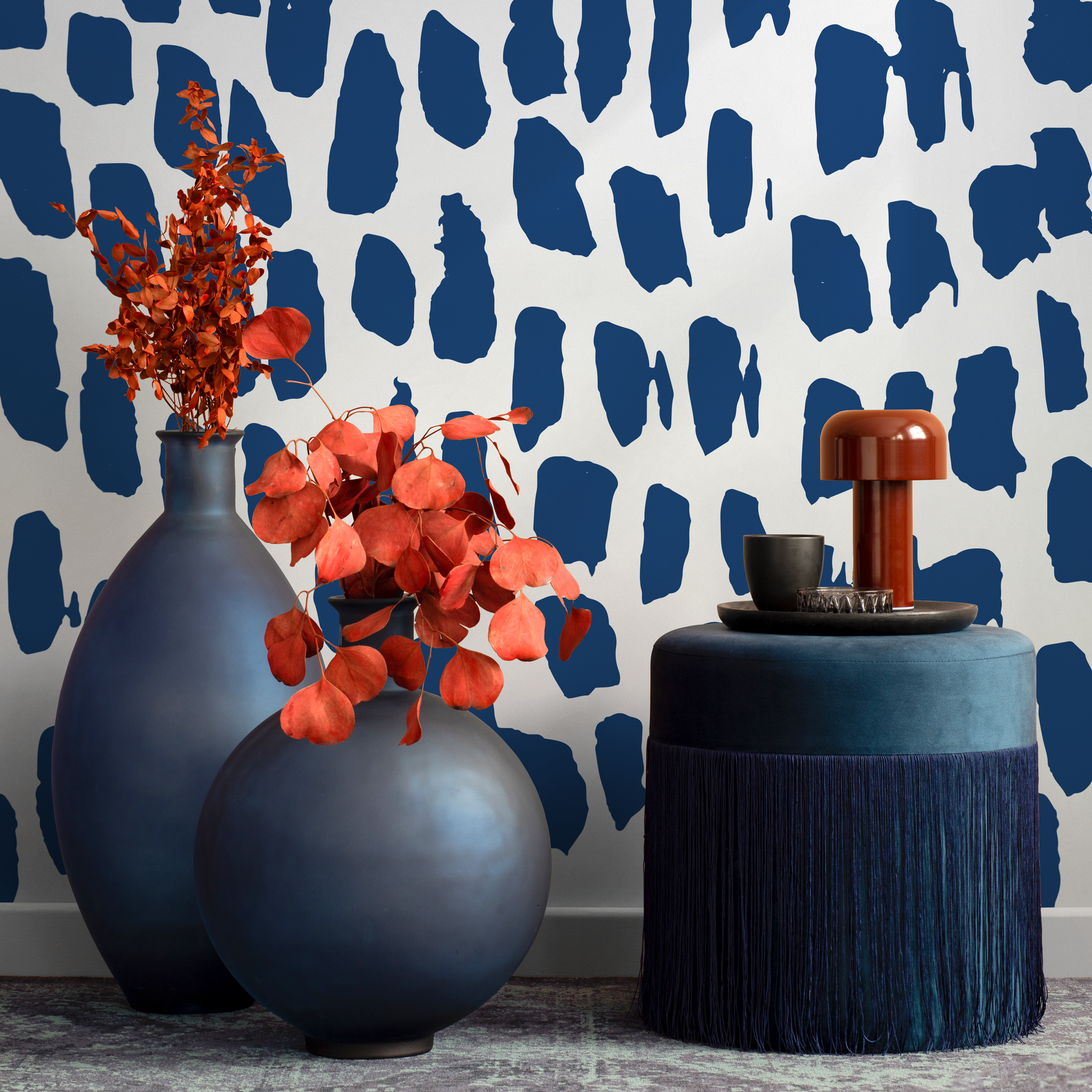 Abstract Wallpaper With Bold Brushstroke Spots In Navy Blue - B659